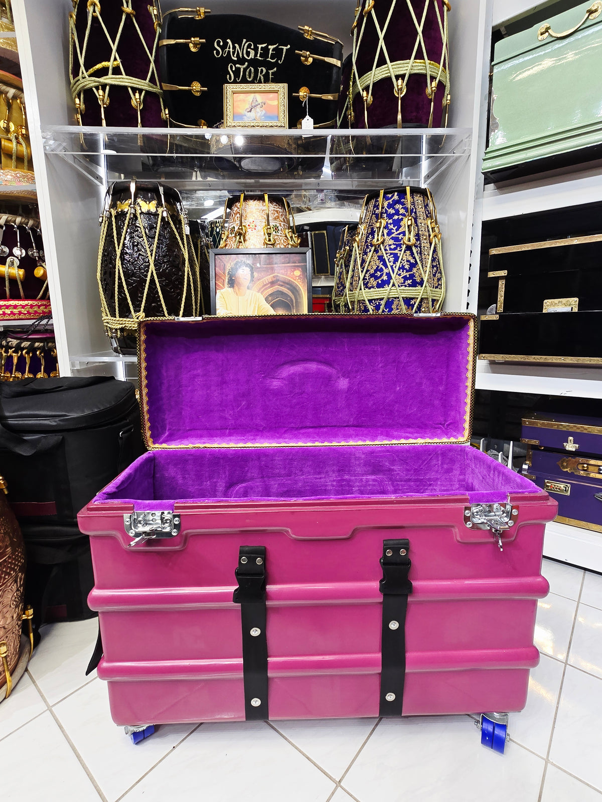 Royal Rāga Vault – Magenta Velvet-Lined Harmonium Case with 360° Wheels *Very Minor Cosmetic Blemishes - Sangeet Store