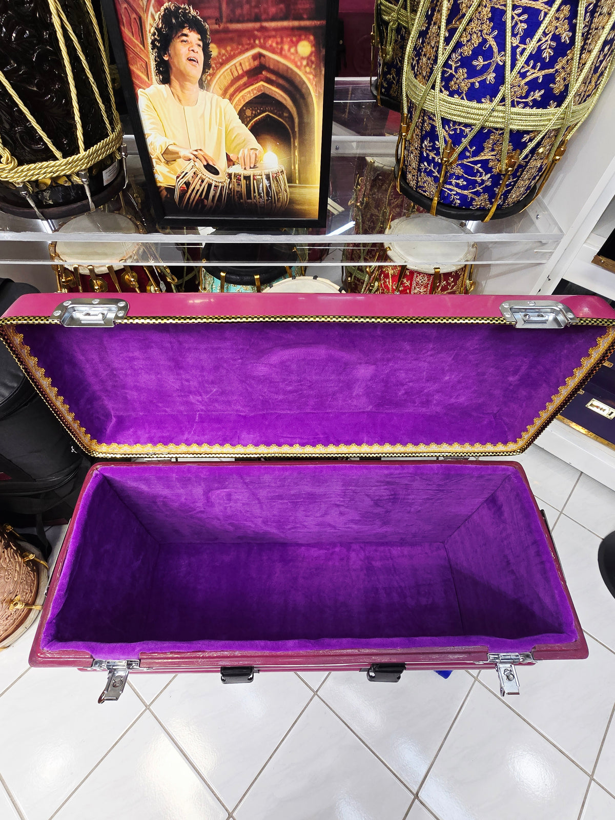 Royal Rāga Vault – Magenta Velvet-Lined Harmonium Case with 360° Wheels *Very Minor Cosmetic Blemishes - Sangeet Store