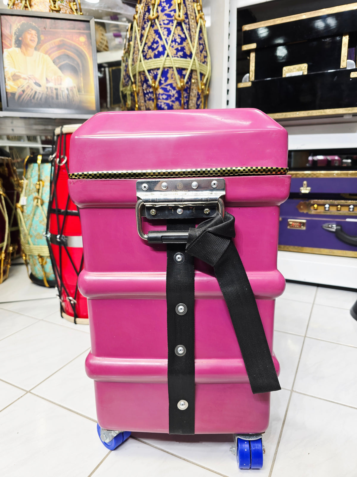 Royal Rāga Vault – Magenta Velvet-Lined Harmonium Case with 360° Wheels *Very Minor Cosmetic Blemishes - Sangeet Store