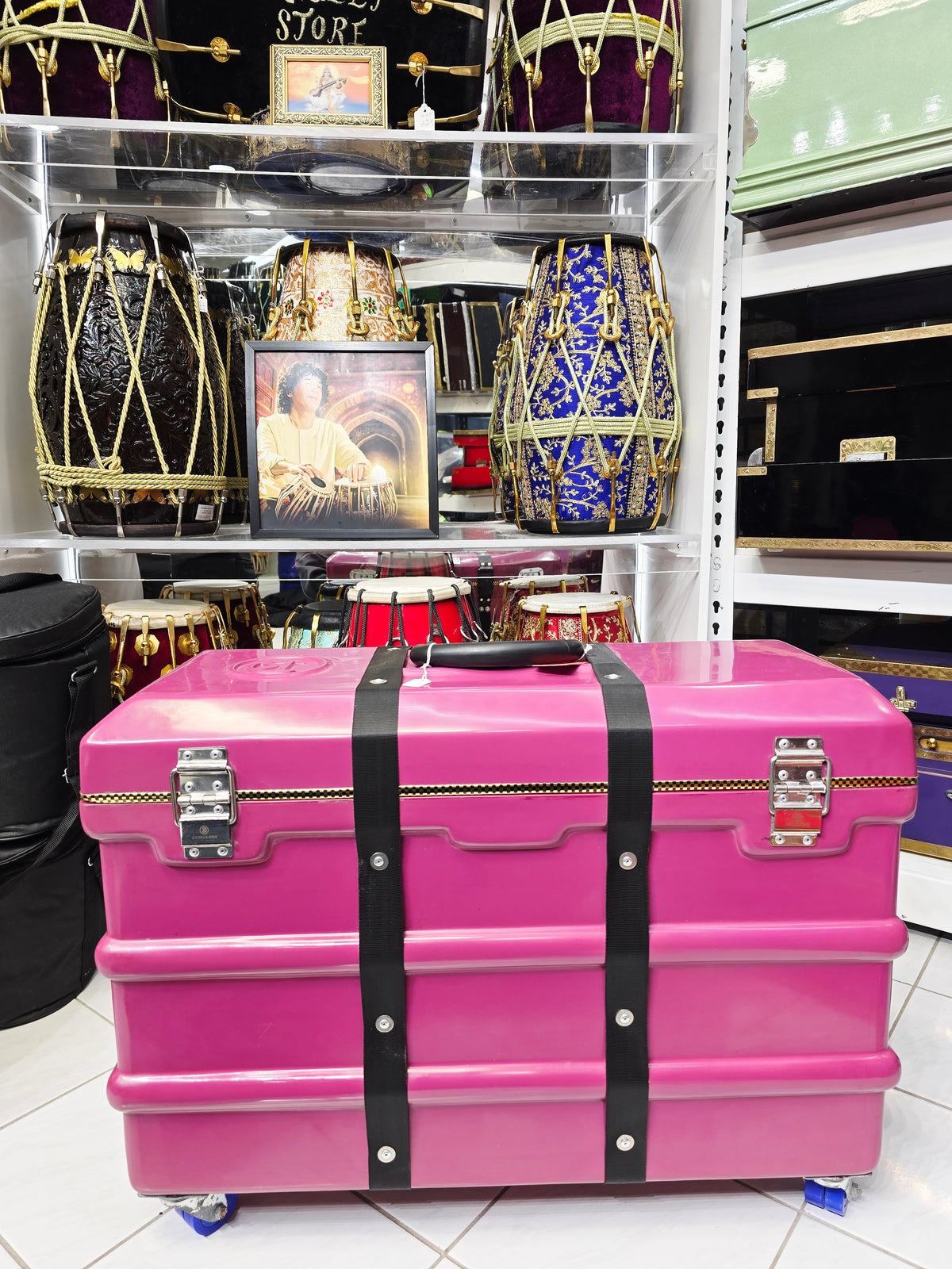 Royal Rāga Vault – Magenta Velvet-Lined Harmonium Case with 360° Wheels *Very Minor Cosmetic Blemishes - Sangeet Store