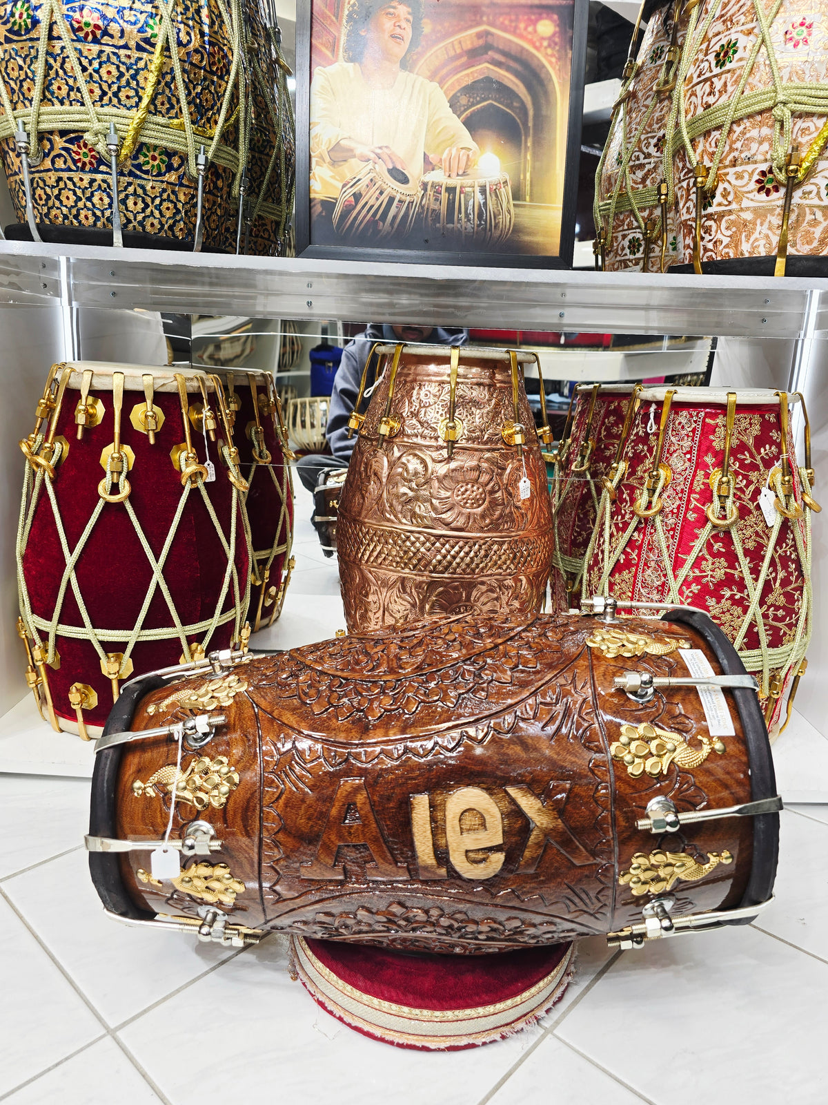 Divine Om Dholak – Custom Engraved for Alex
|
Red Sheesham Wood | Chetram Gill Build | Gold Hardware - Sangeet Store