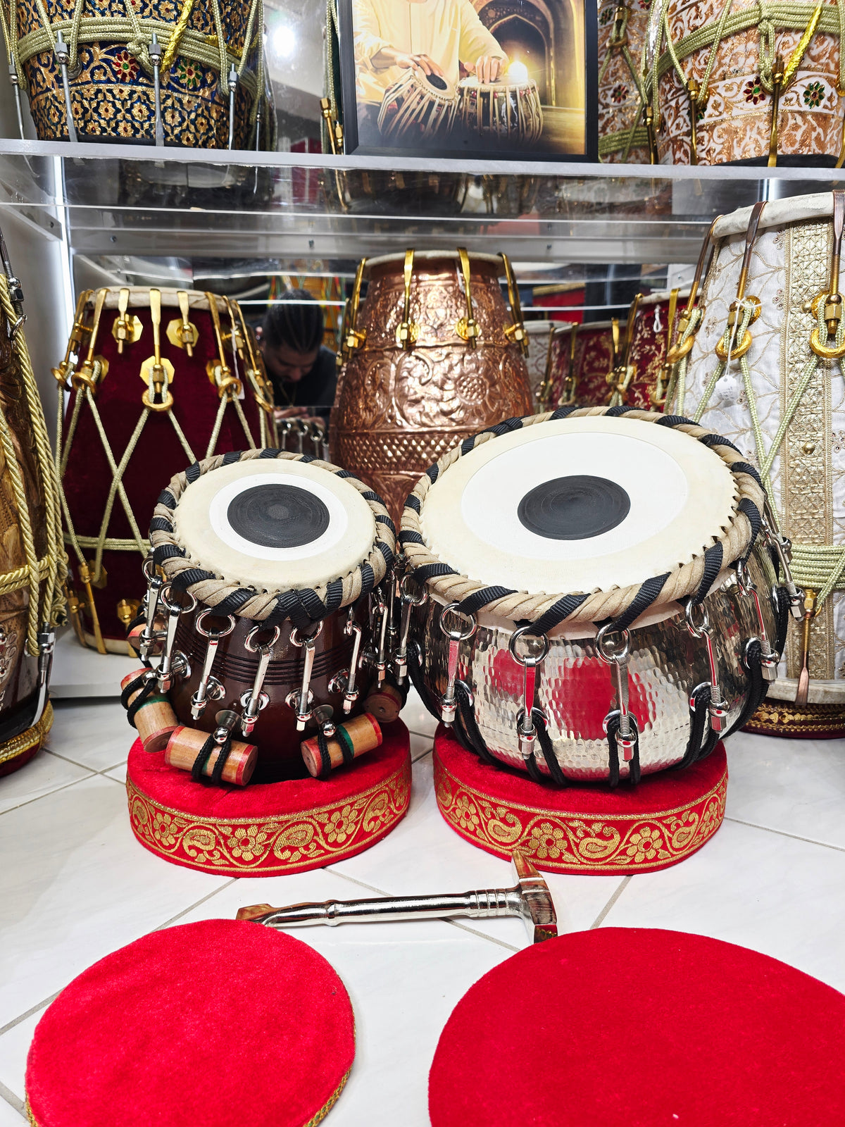 Sterling Naad | Shaikh Makbool Bolted Tabla Set:
9.25" Silver-Copper Bayan + 5.75" Red Sheesham Dayan (C#/D)