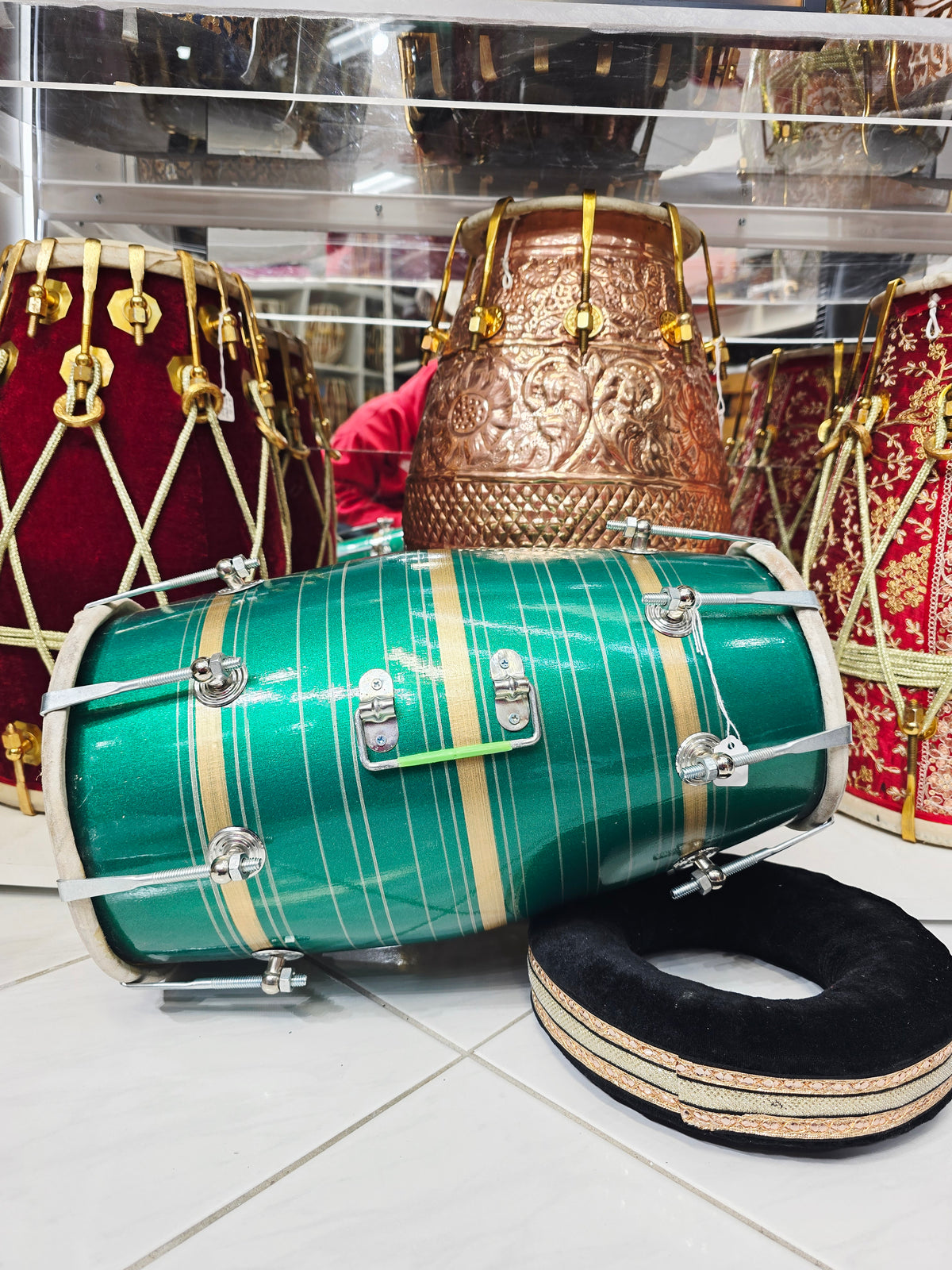 Emerald Echo: Green Painted Red Sheesham Student Quality Dholak with Chrome Bolts and Handle