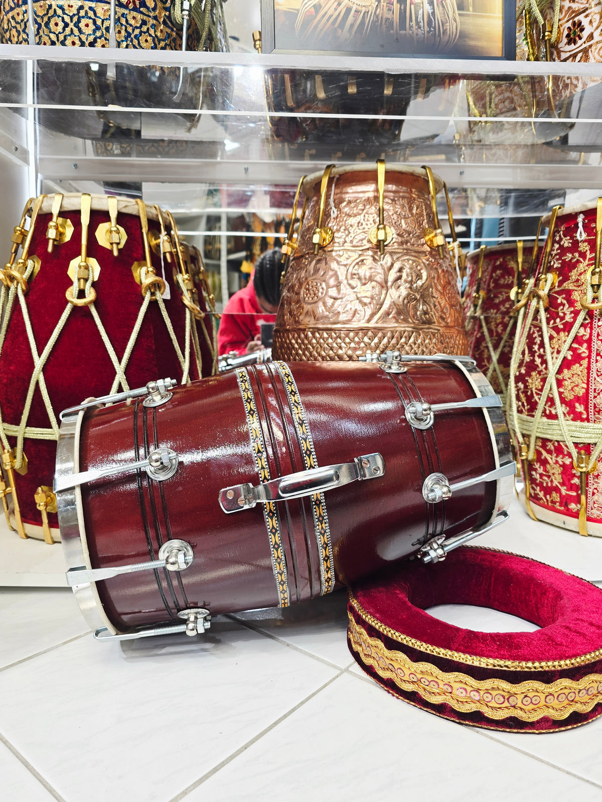 Rustic Reinforced Dholak – Red Sheesham, Traditional Brown Finish with Metal Rim & Handle (Minor Defects)