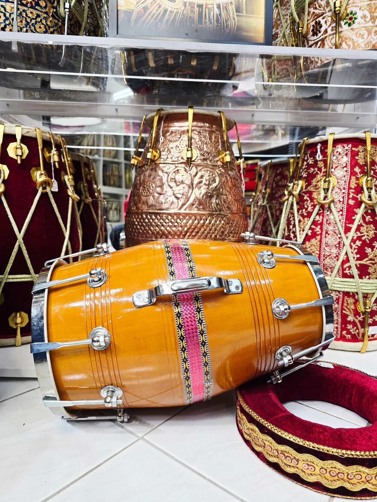 Sunset Ember Dholak – Red Sheesham, Yellow-Orange Finish with Metal Rim & Handle (Minor Defects)