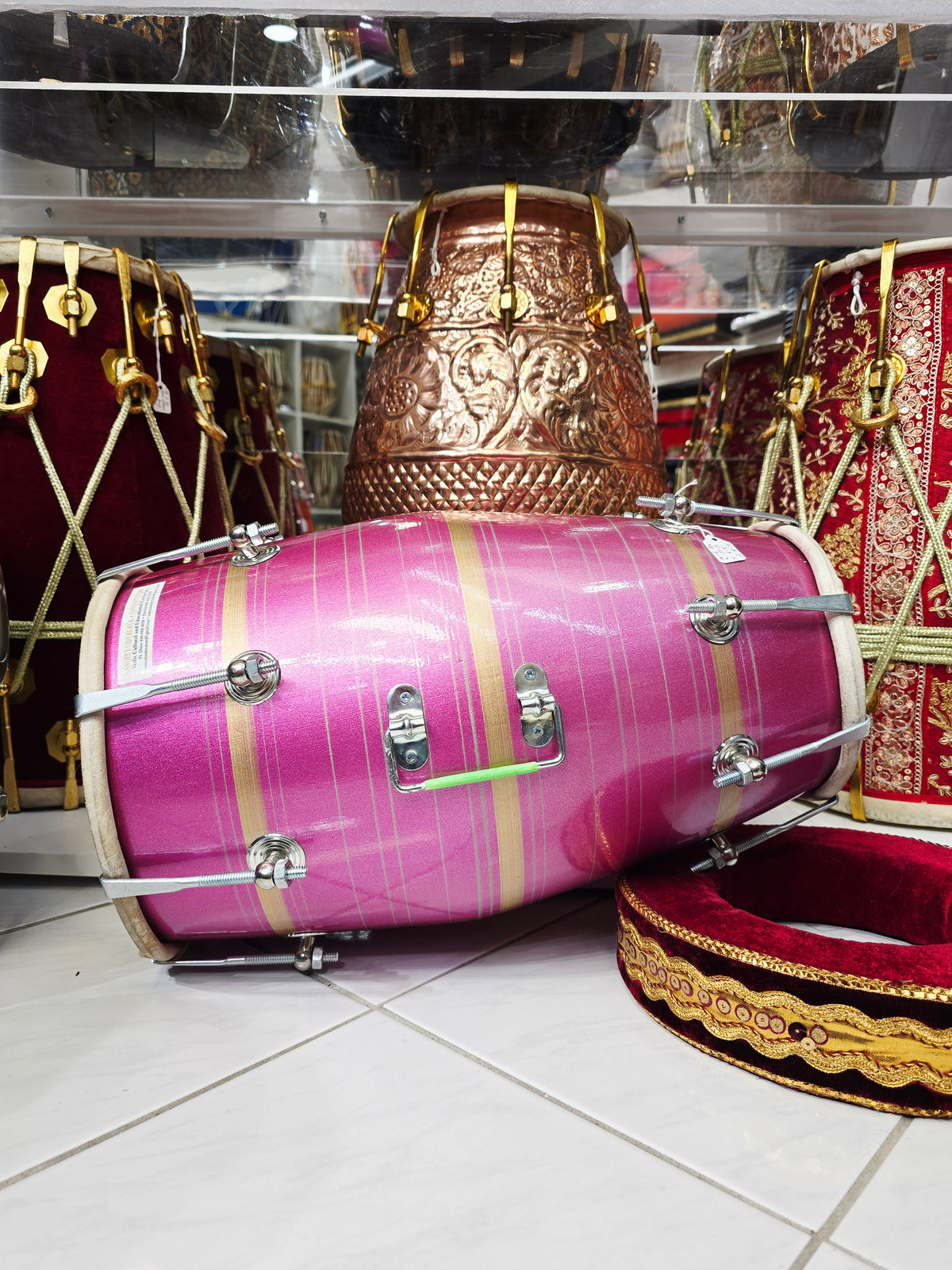 Rose Rhythm: Pink Painted Red Sheesham Student Quality Dholak with Chrome Bolts and Handle