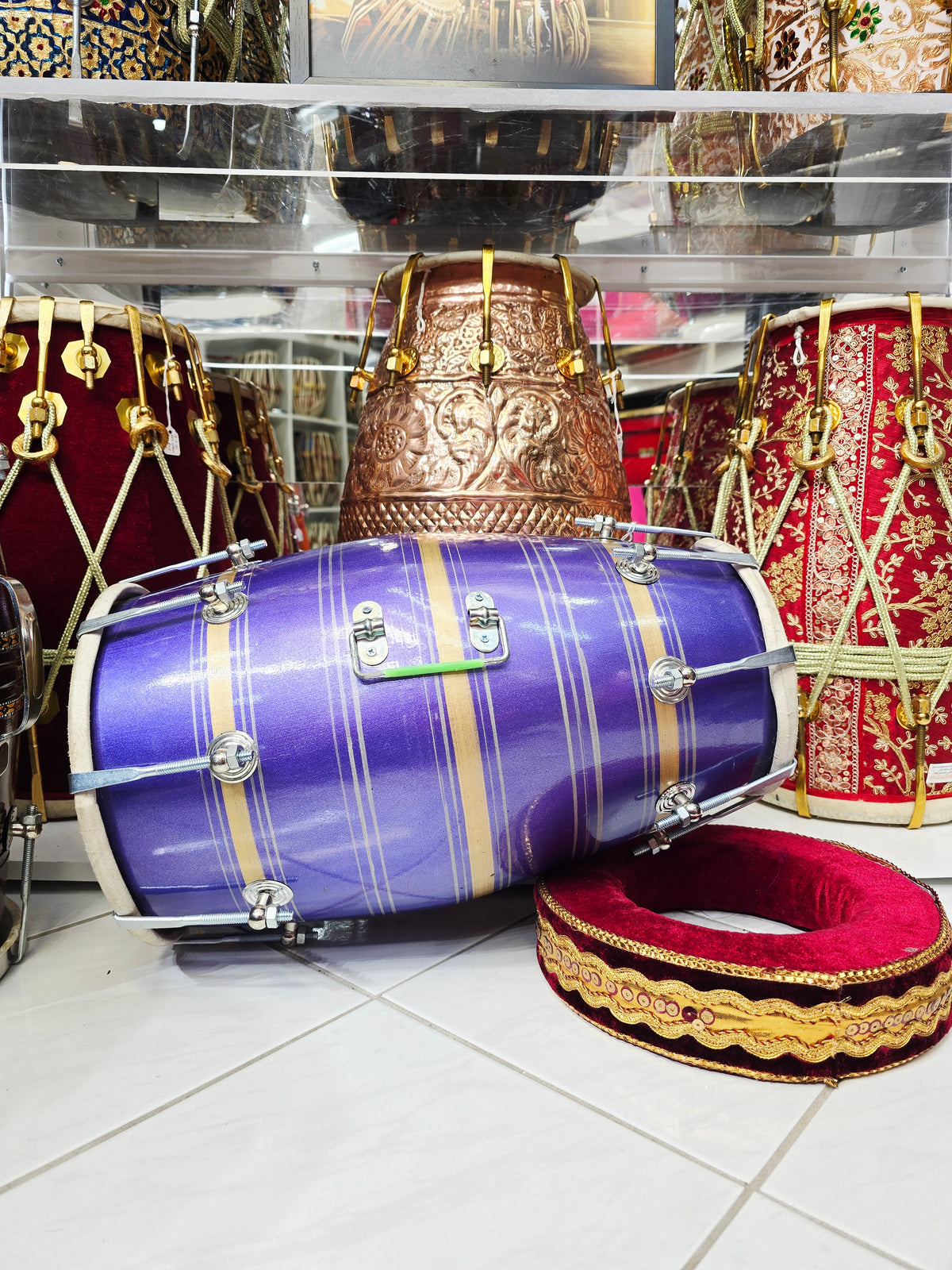 Violet Cadence: Purple Student Quality Red Sheesham Dholak with Chrome Bolts and a Handle *Cosmetic Defects