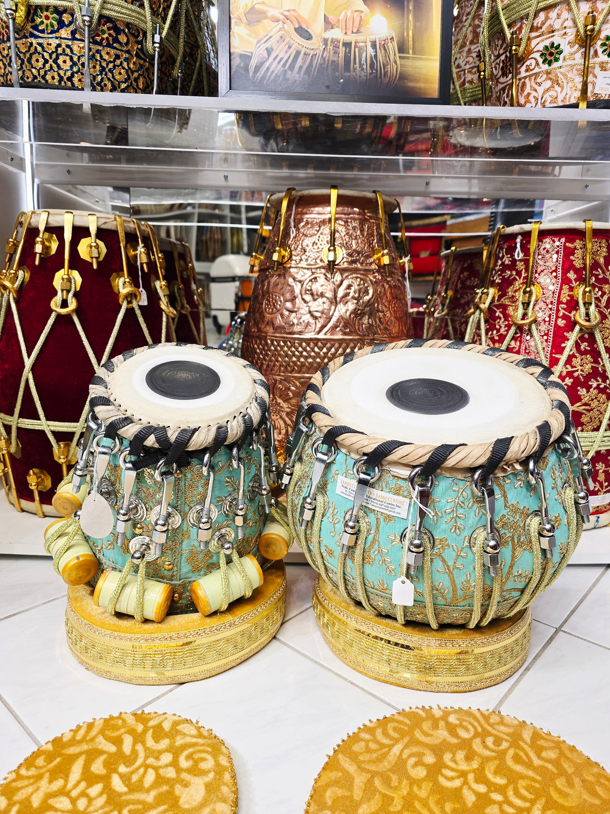 Teal Majesty: Red Sheesham Dayan & Copper Bayan Tabla Set with Chrome Bolts – 9.25” Bayan, 5.25” D#/E Dayan *Exceptional Tone