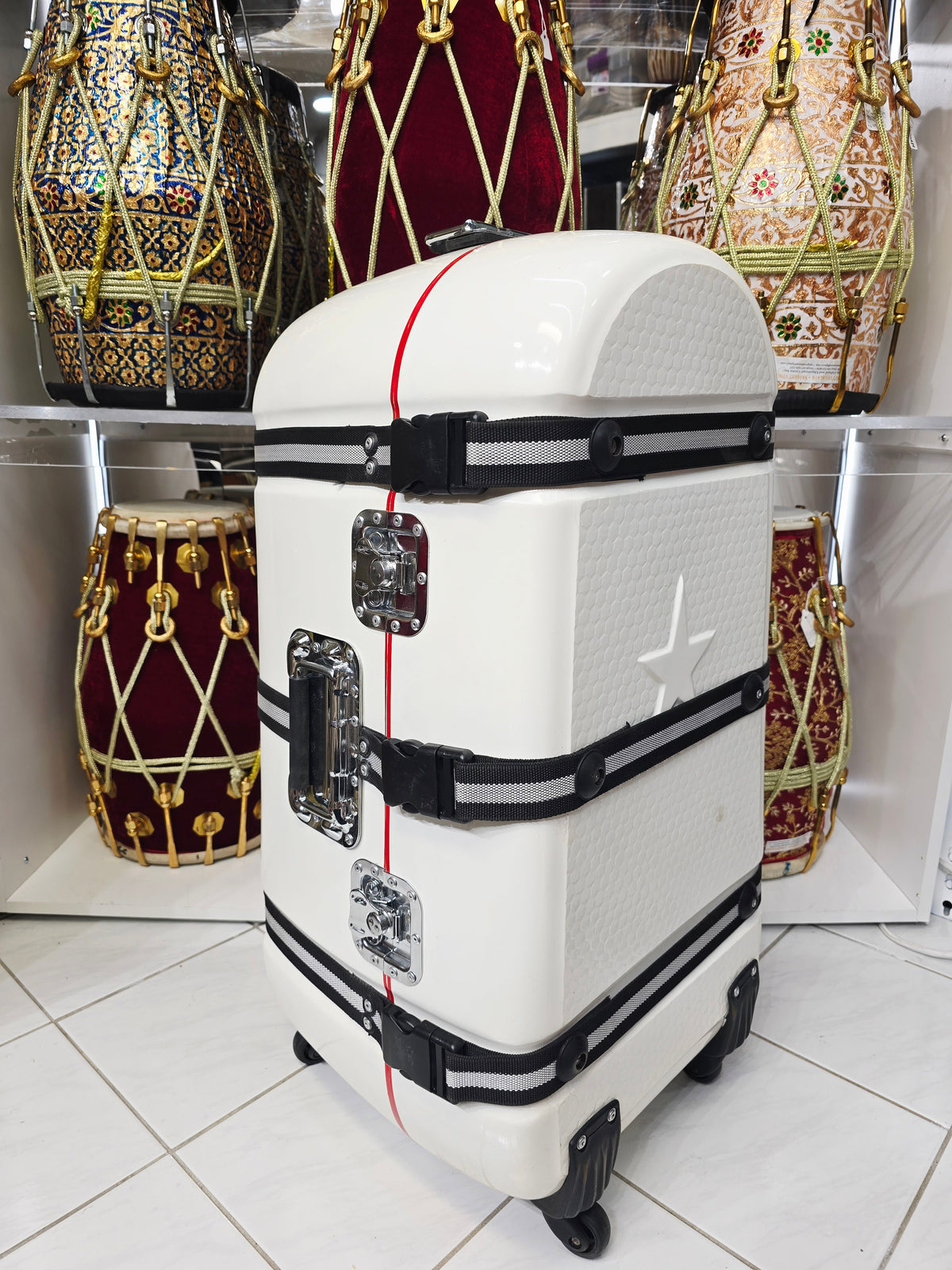 PolarVoyager | White Tabla/Dholak Travel Case – 360° Wheels *Very Minor Cosmetic Blemishes - Sangeet Store