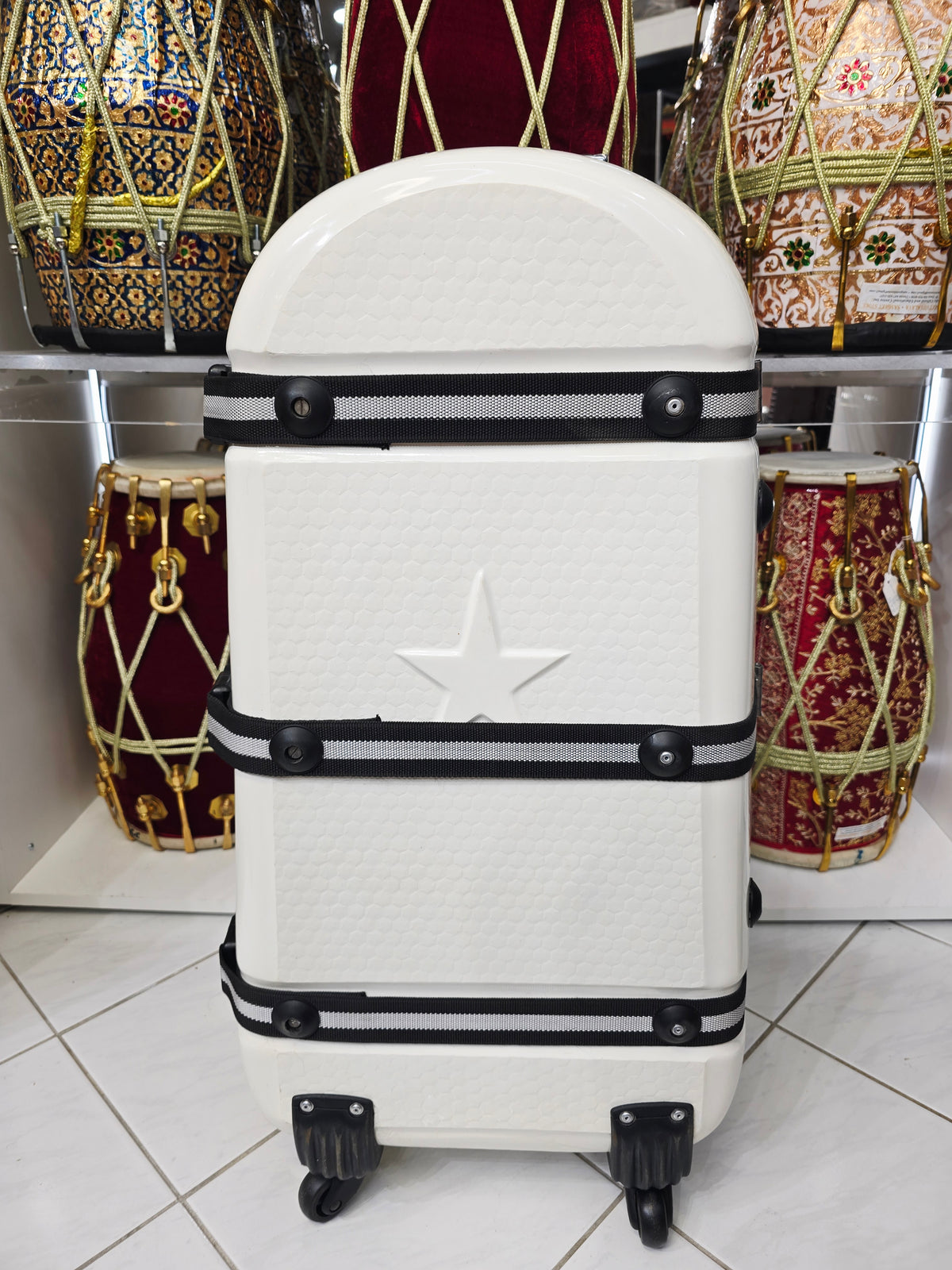 PolarVoyager | White Tabla/Dholak Travel Case – 360° Wheels *Very Minor Cosmetic Blemishes - Sangeet Store