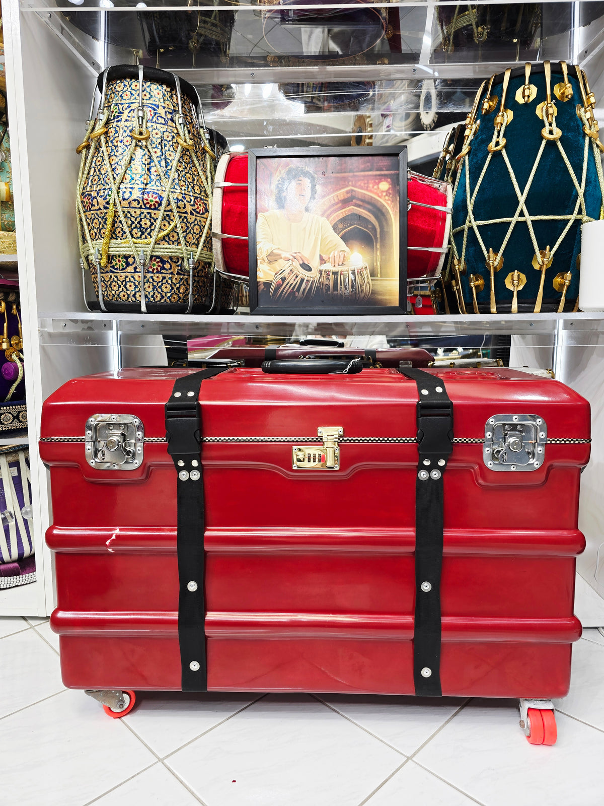 Crimson Guardian: Red Scale-Changer Harmonium Case with Wheels, Handles, and secure Locking Mechanism *Minor Cosmetic Defects *3 Reed 13 Changer Case