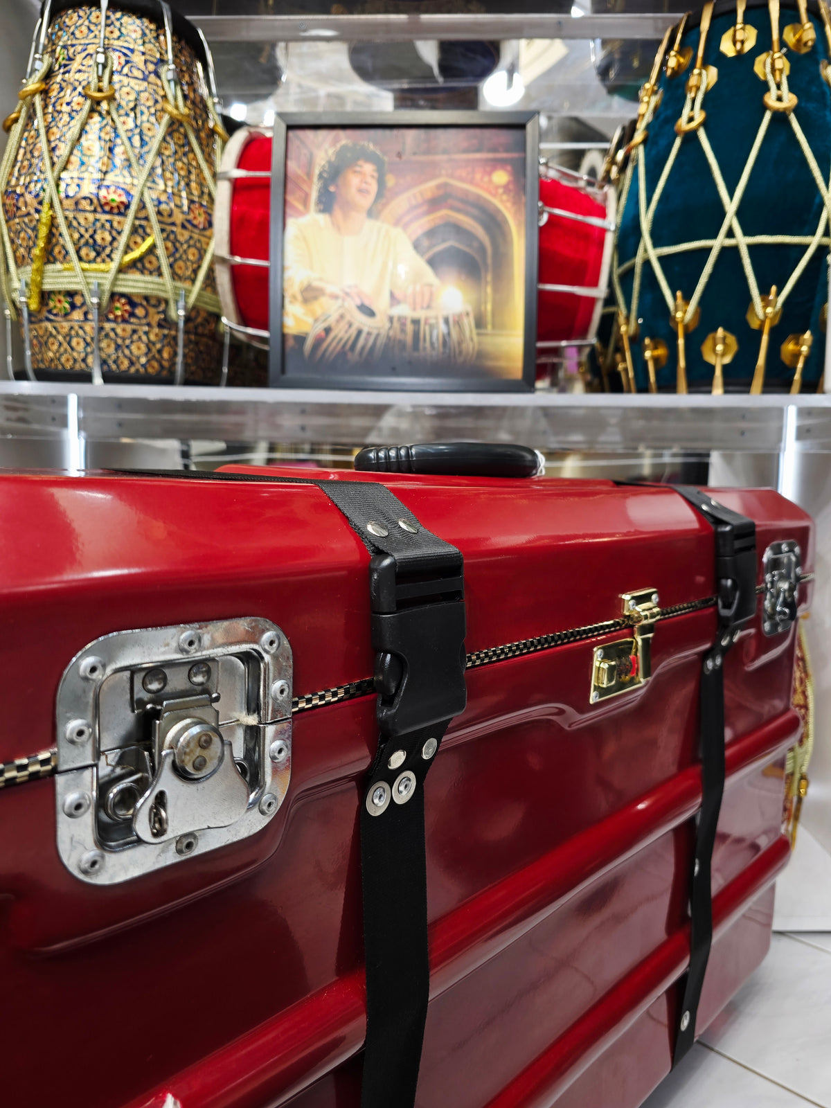 Crimson Guardian: Red Scale-Changer Harmonium Case with Wheels, Handles, and secure Locking Mechanism *Minor Cosmetic Defects *3 Reed 13 Changer Case