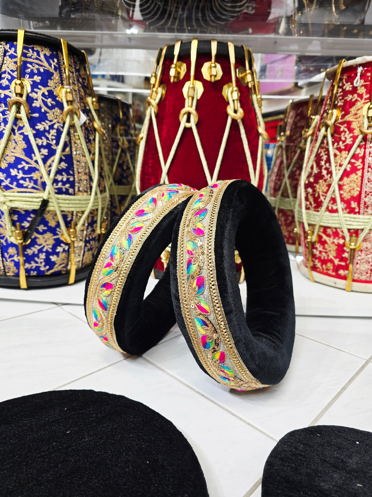 Mehfil Raag Tabla Ring Set – Black Bases with Multicolor-Gold Trim + Matching Black Top Covers *Minor Glue Stains