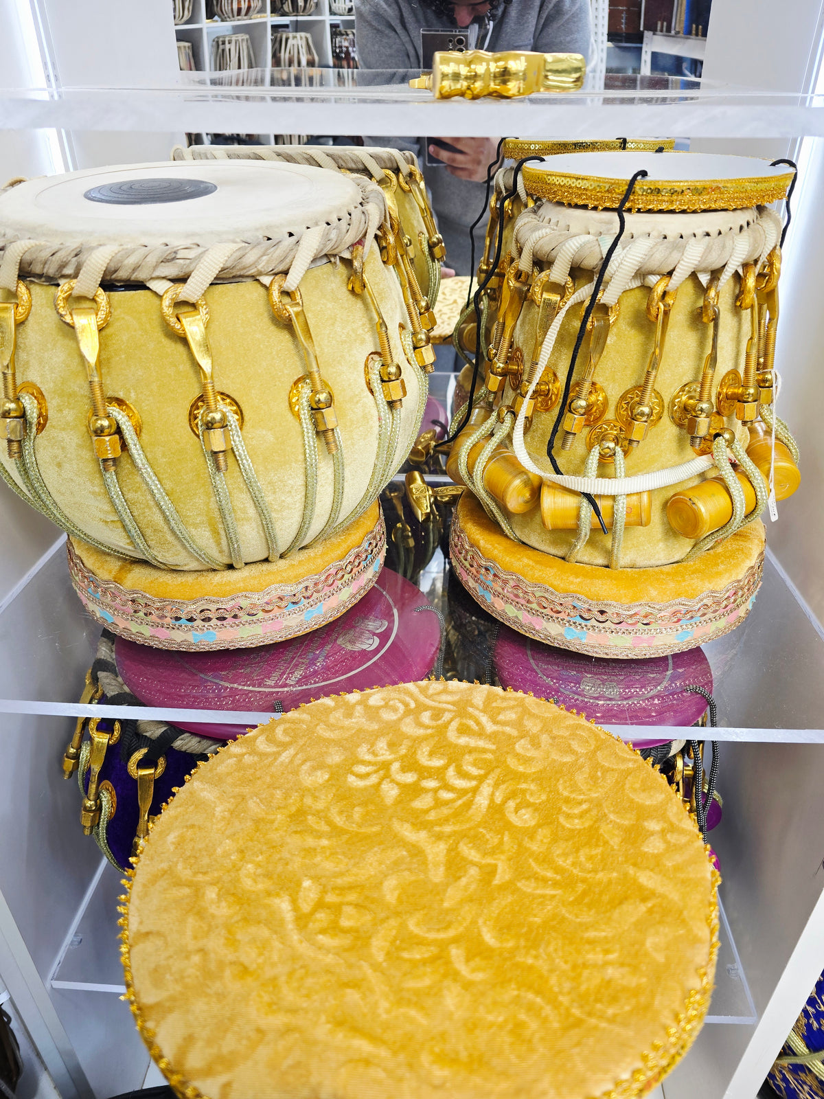 Golden Resonance Velvet Tabla Set – Red Sheesham Dayan & Copper Bayan with Pure Brass Bolts *Very Slight Ringing Sound*  *Rings & Covers Replaced with Golden Velvet Coloured Ones (See Final Picture)*