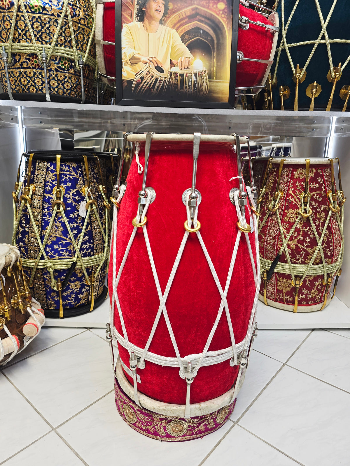 Crimson Saaj Resonance — Red Velvet Mango Wood Dholak (19.25", 15 lbs) *Exceptional Tone