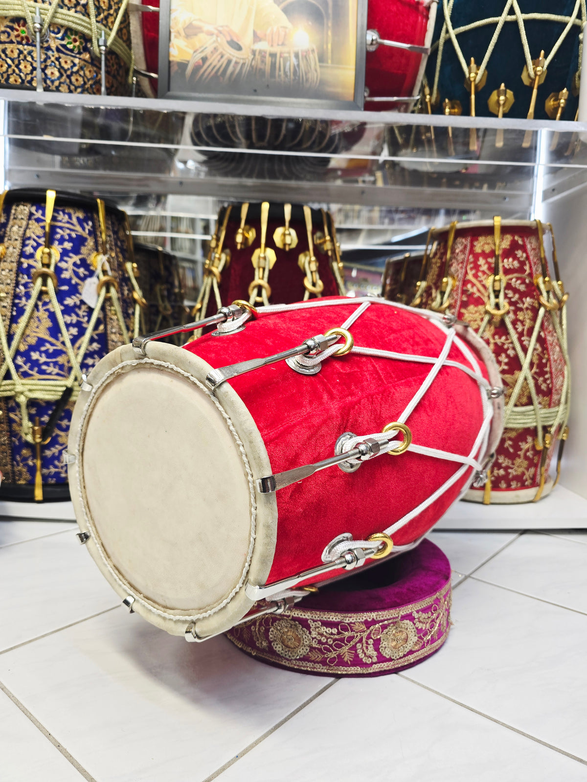 Crimson Saaj Resonance — Red Velvet Mango Wood Dholak (19.25", 15 lbs) *Exceptional Tone