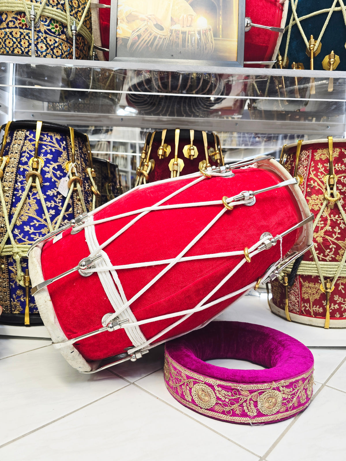 Crimson Saaj Resonance — Red Velvet Mango Wood Dholak (19.25", 15 lbs) *Exceptional Tone