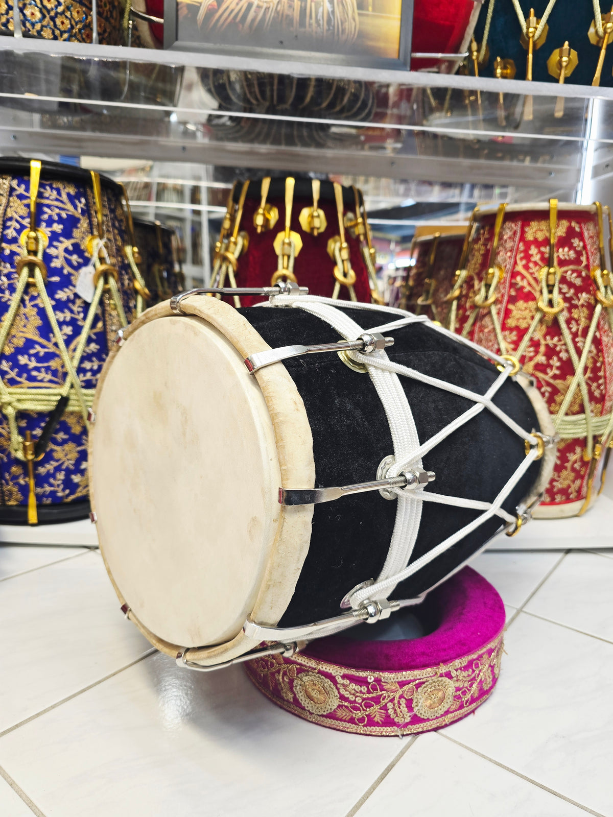 Obsidian Saaj Pulse — Black Velvet Mango Wood Dholak (19.25", 14.2 lbs)