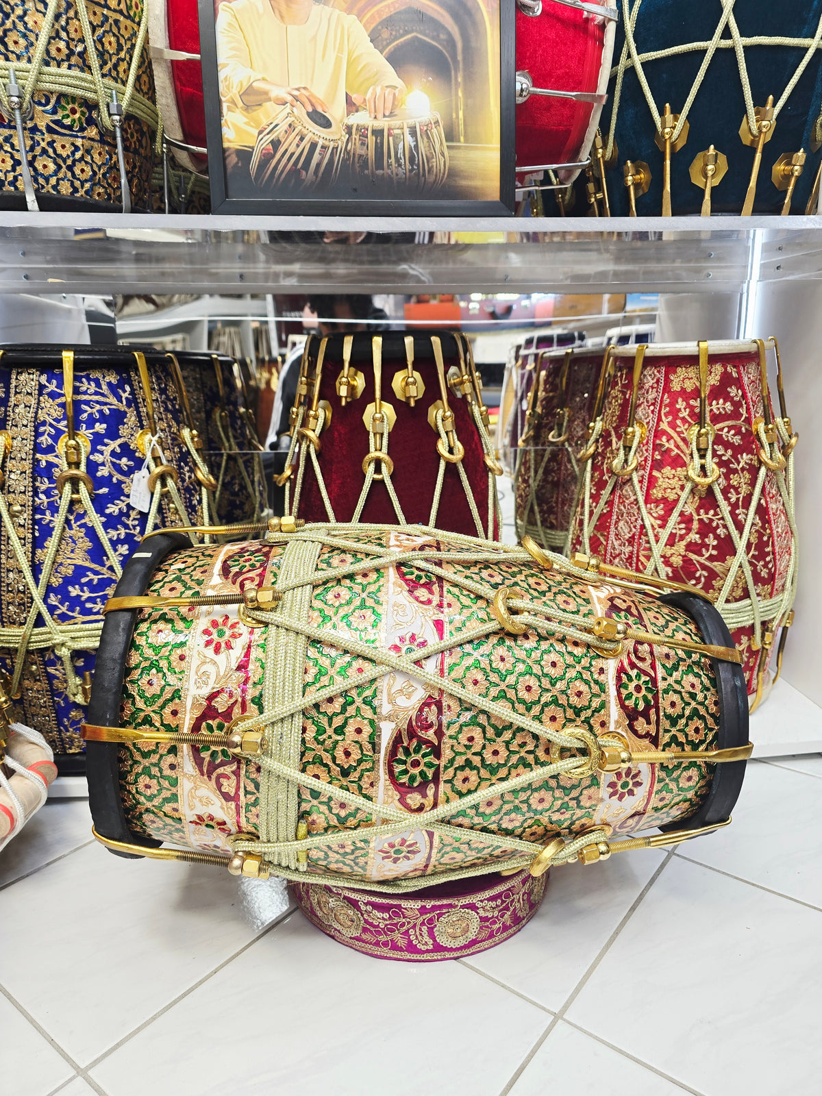 Zarif Mosaic — Designer-Wrapped Red Sheesham Dholak with Black Skins (19.75", 19.2 lbs) *Refined Closed Tone