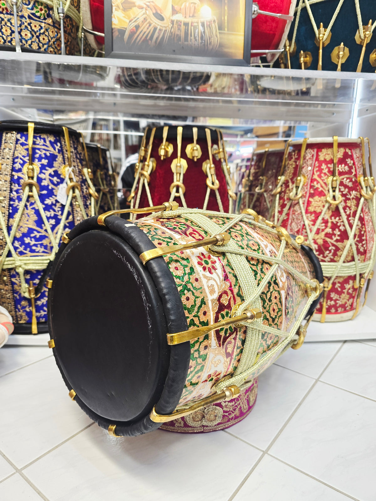 Zarif Mosaic — Designer-Wrapped Red Sheesham Dholak with Black Skins (19.75", 19.2 lbs) *Refined Closed Tone