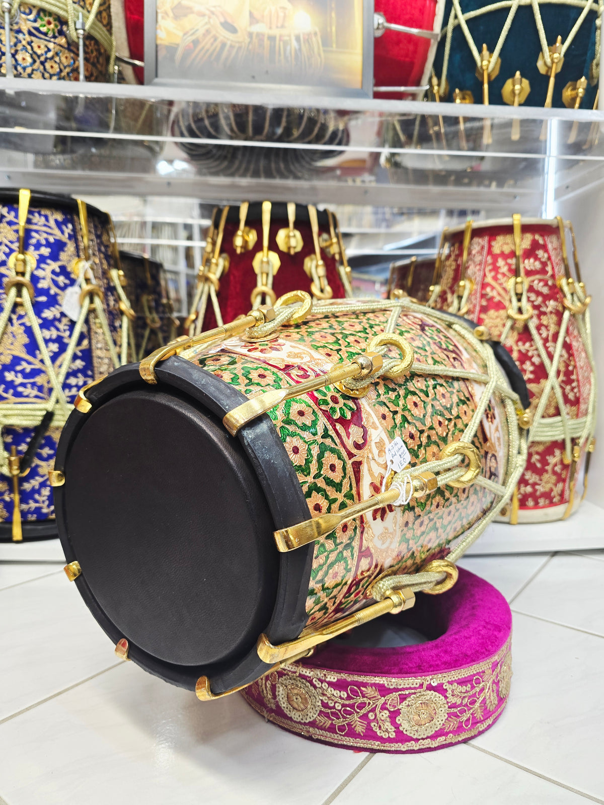 Zarif Mosaic — Designer-Wrapped Red Sheesham Dholak with Black Skins (19.75", 19.2 lbs) *Refined Closed Tone