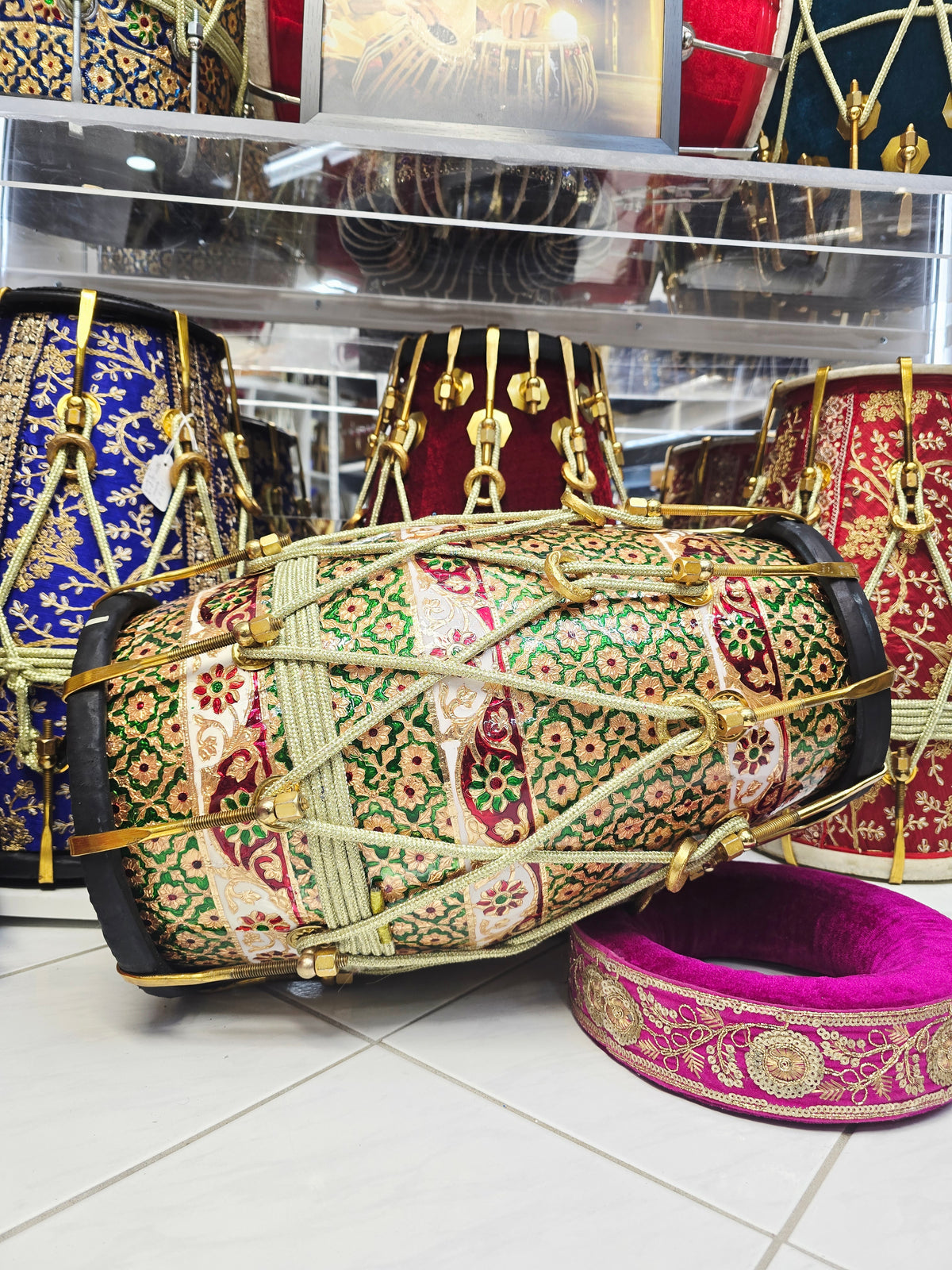 Zarif Mosaic — Designer-Wrapped Red Sheesham Dholak with Black Skins (19.75", 19.2 lbs) *Refined Closed Tone