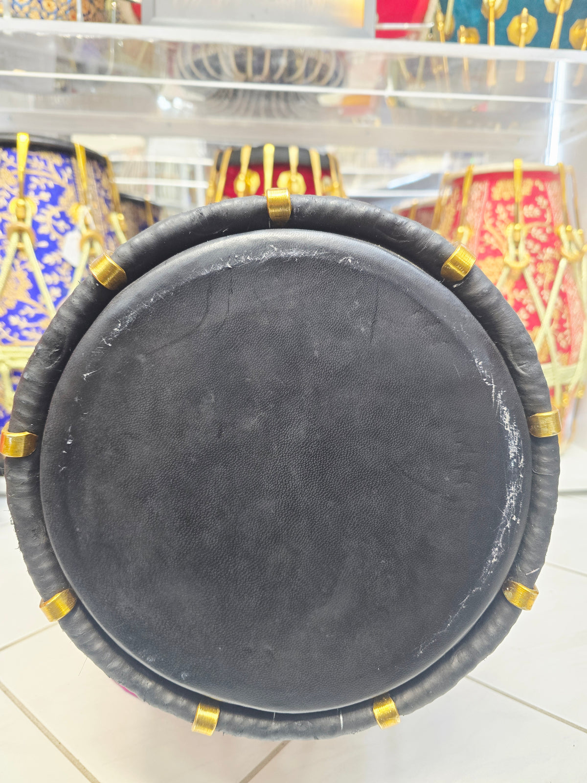 Zarif Mosaic — Designer-Wrapped Red Sheesham Dholak with Black Skins (19.75", 19.2 lbs) *Refined Closed Tone