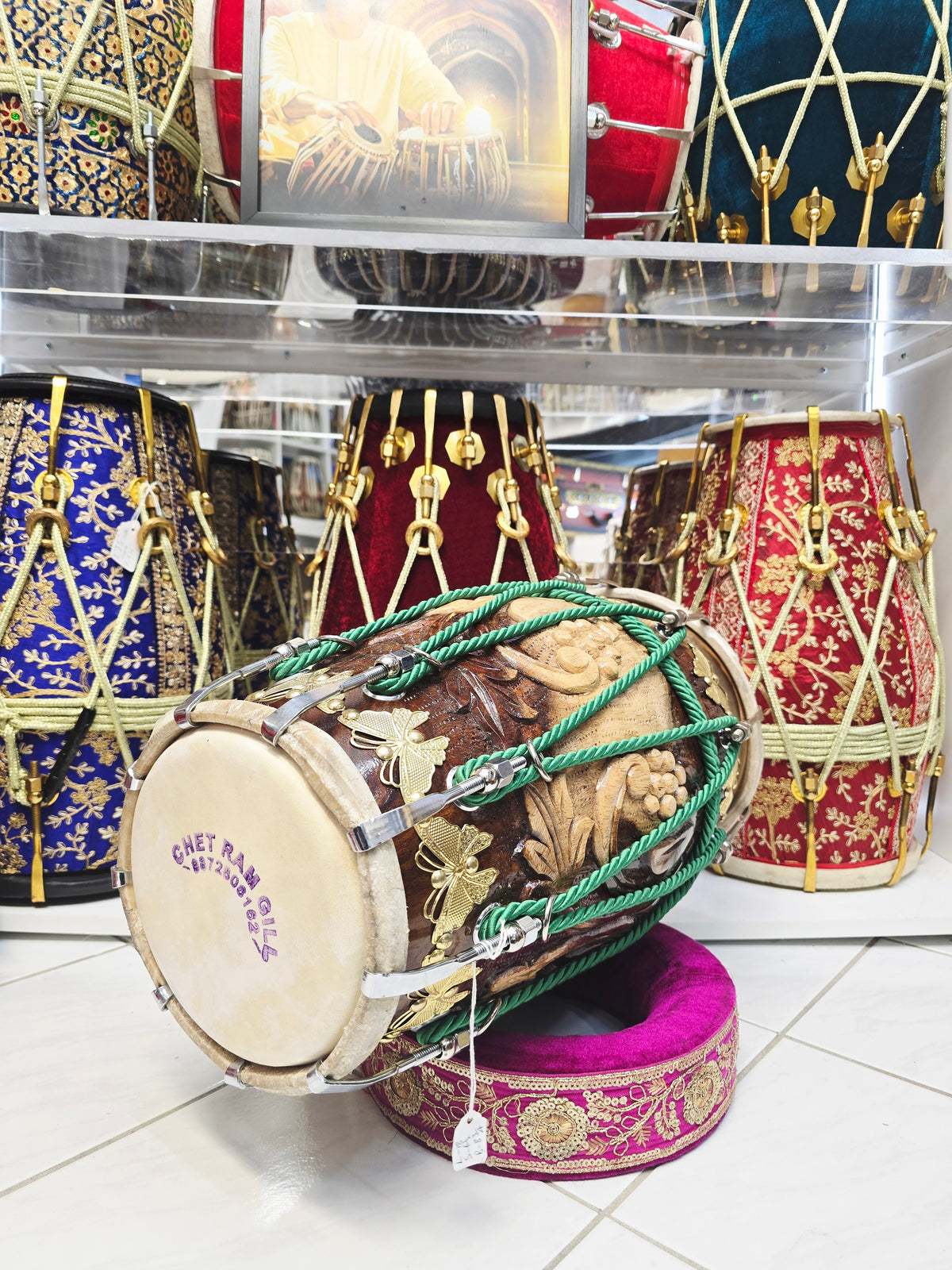 Mayur Crest — Chetram Gill Concert-Quality Carved Red Sheesham Dholak (18")