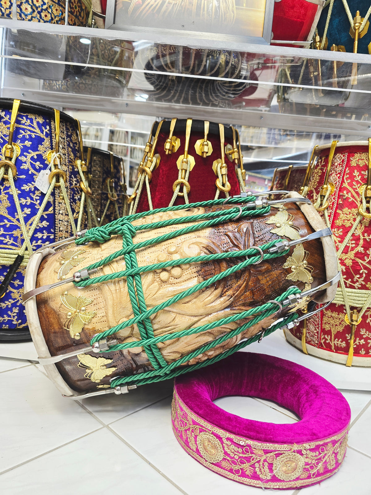 Mayur Crest — Chetram Gill Concert-Quality Carved Red Sheesham Dholak (18")