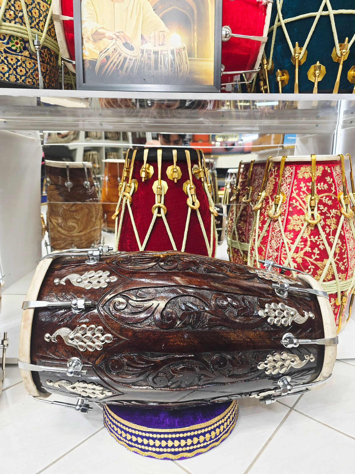 Vrindhya Nocturne — Chetram Gill Hand-Carved Red Sheesham Dholak (20", 15.8 lbs)