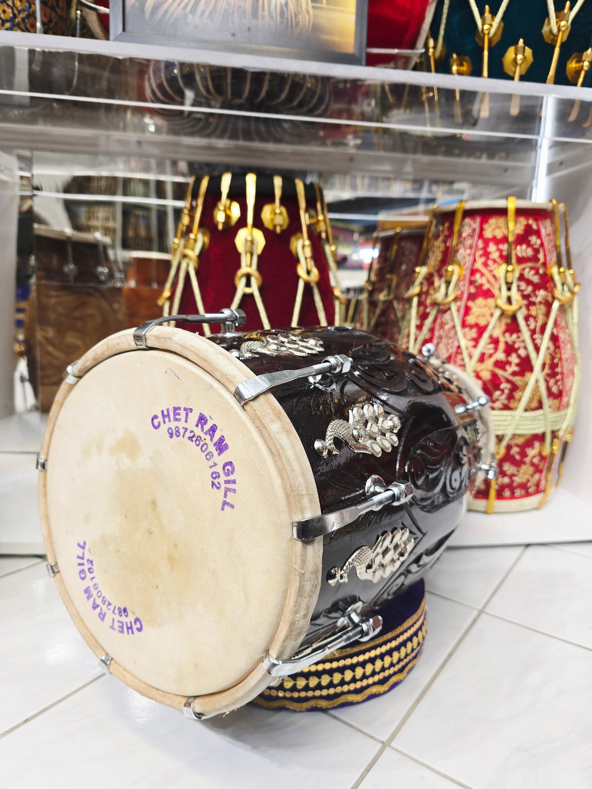 Vrindhya Nocturne — Chetram Gill Hand-Carved Red Sheesham Dholak (20", 15.8 lbs)
