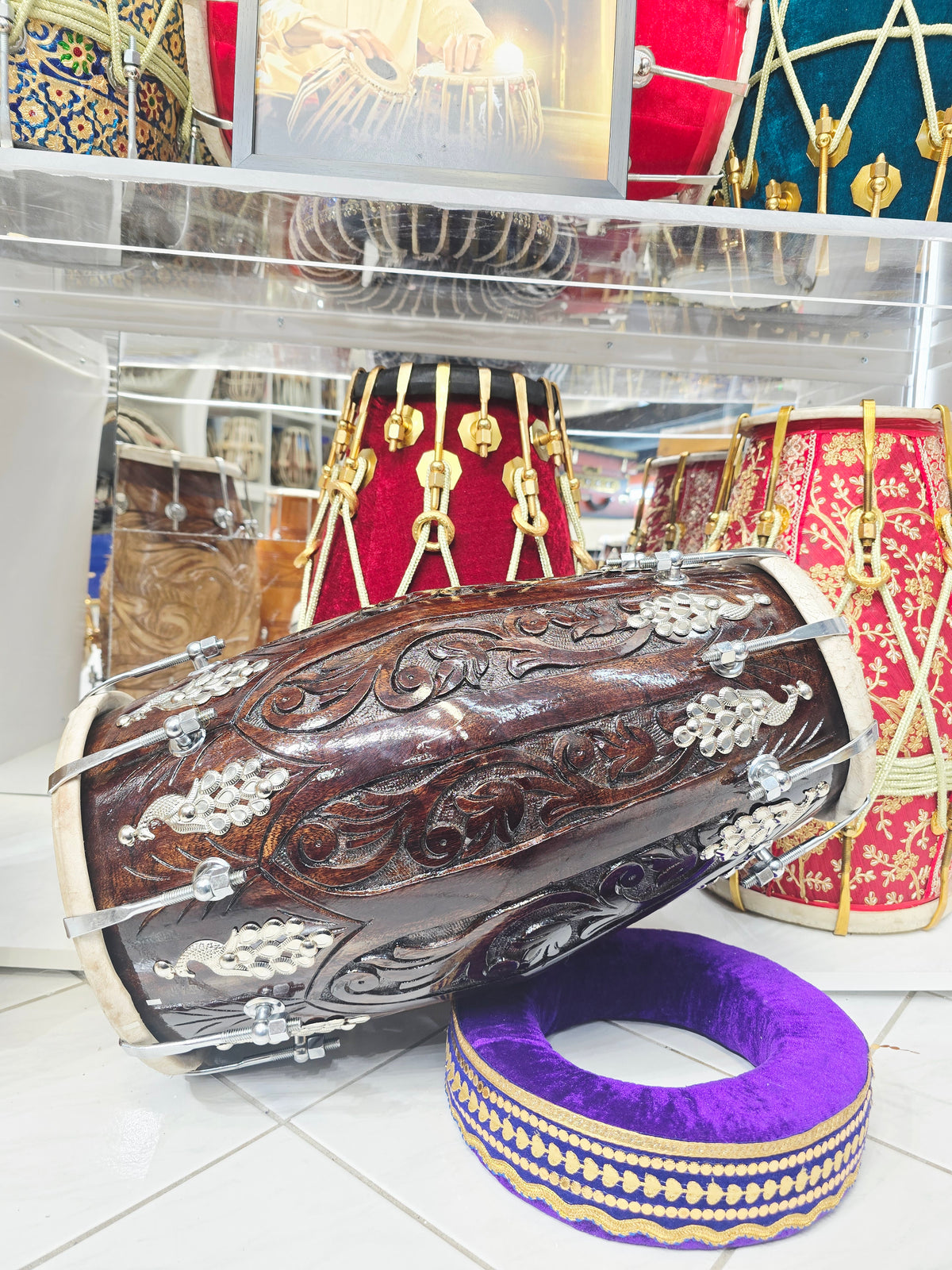 Vrindhya Nocturne — Chetram Gill Hand-Carved Red Sheesham Dholak (20", 15.8 lbs)