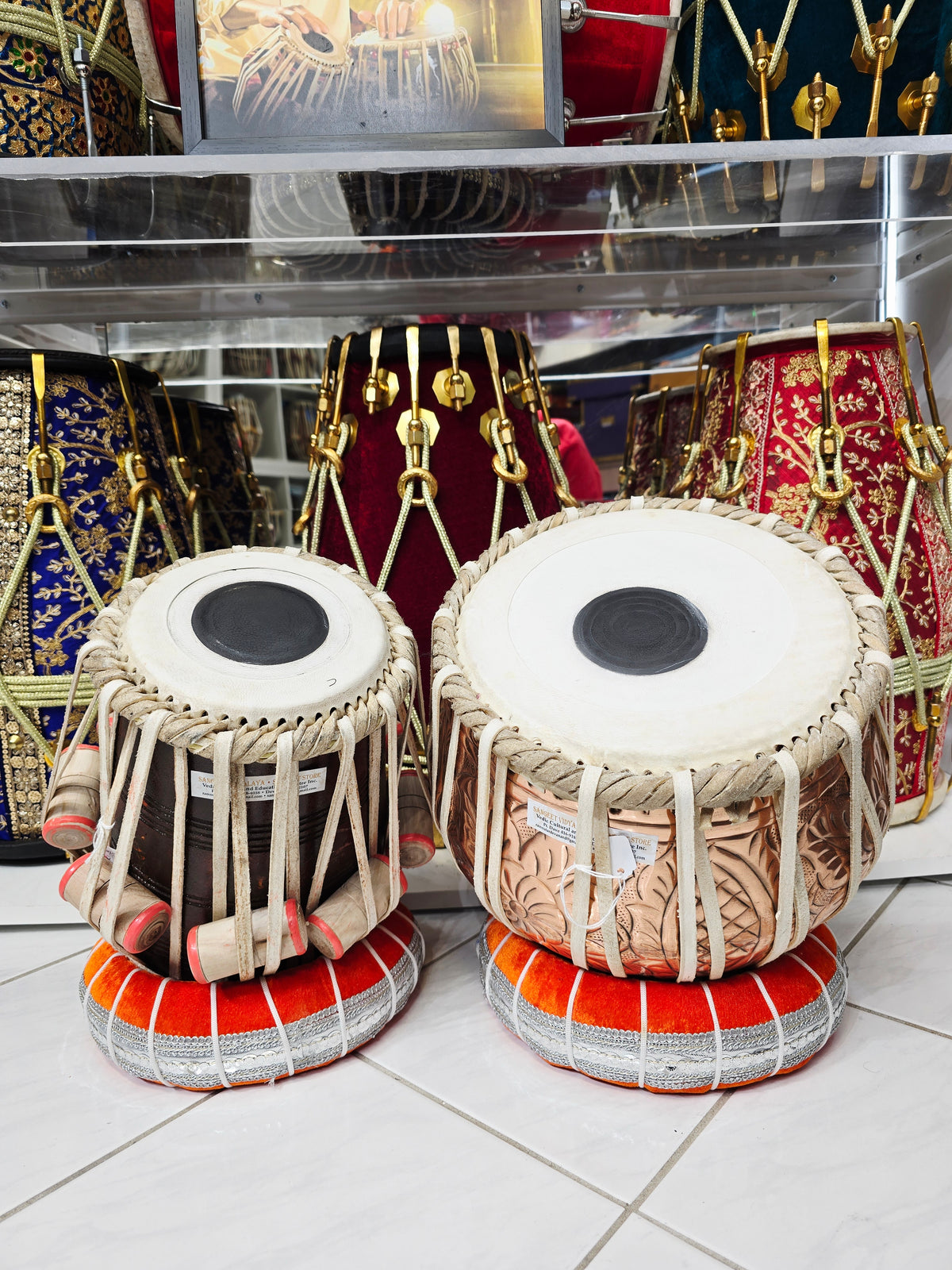 Resonance Reclaimed™ Economy Professional Tabla Set — 5⅞″ C Red Sheesham Dayan (Filled-In Crack *not yet pictured* | Slight Ringing | Mediocre Tone) + 9.25″ Copper Bayan (2.9 kg)