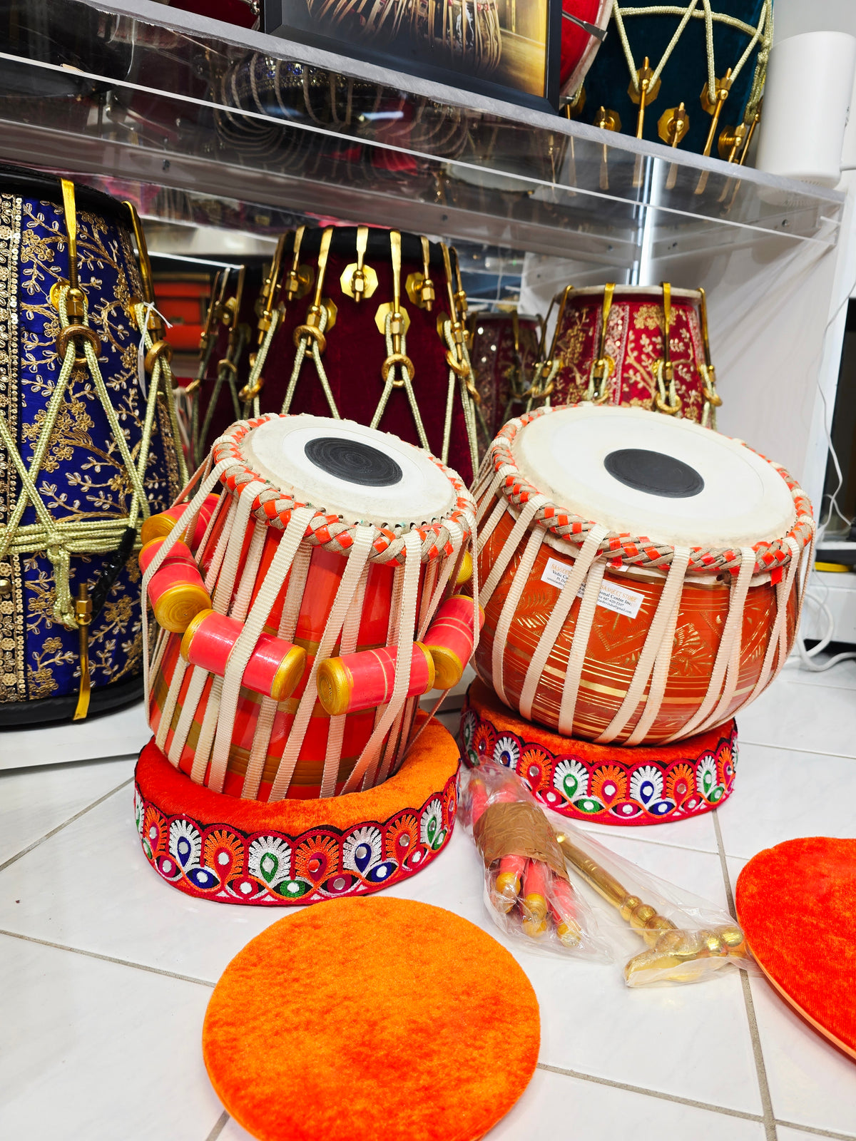 Custom Orange Serenade: 5.75" Orange Painted Red Sheesham C# Nylon Strapped Dayan + 9.25" 3.5kg Orange Painted Bronze Copper Bayan Professional Tabla Set Balance Link