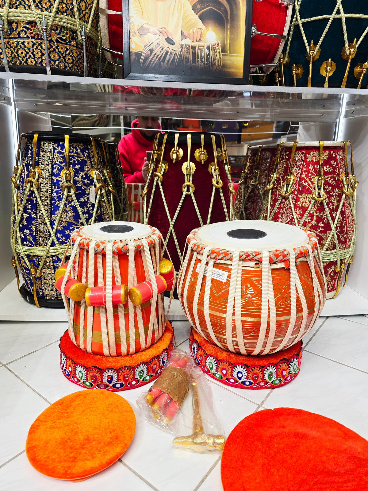 Custom Orange Serenade: 5.75" Orange Painted Red Sheesham C# Nylon Strapped Dayan + 9.25" 3.5kg Orange Painted Bronze Copper Bayan Professional Tabla Set Balance Link
