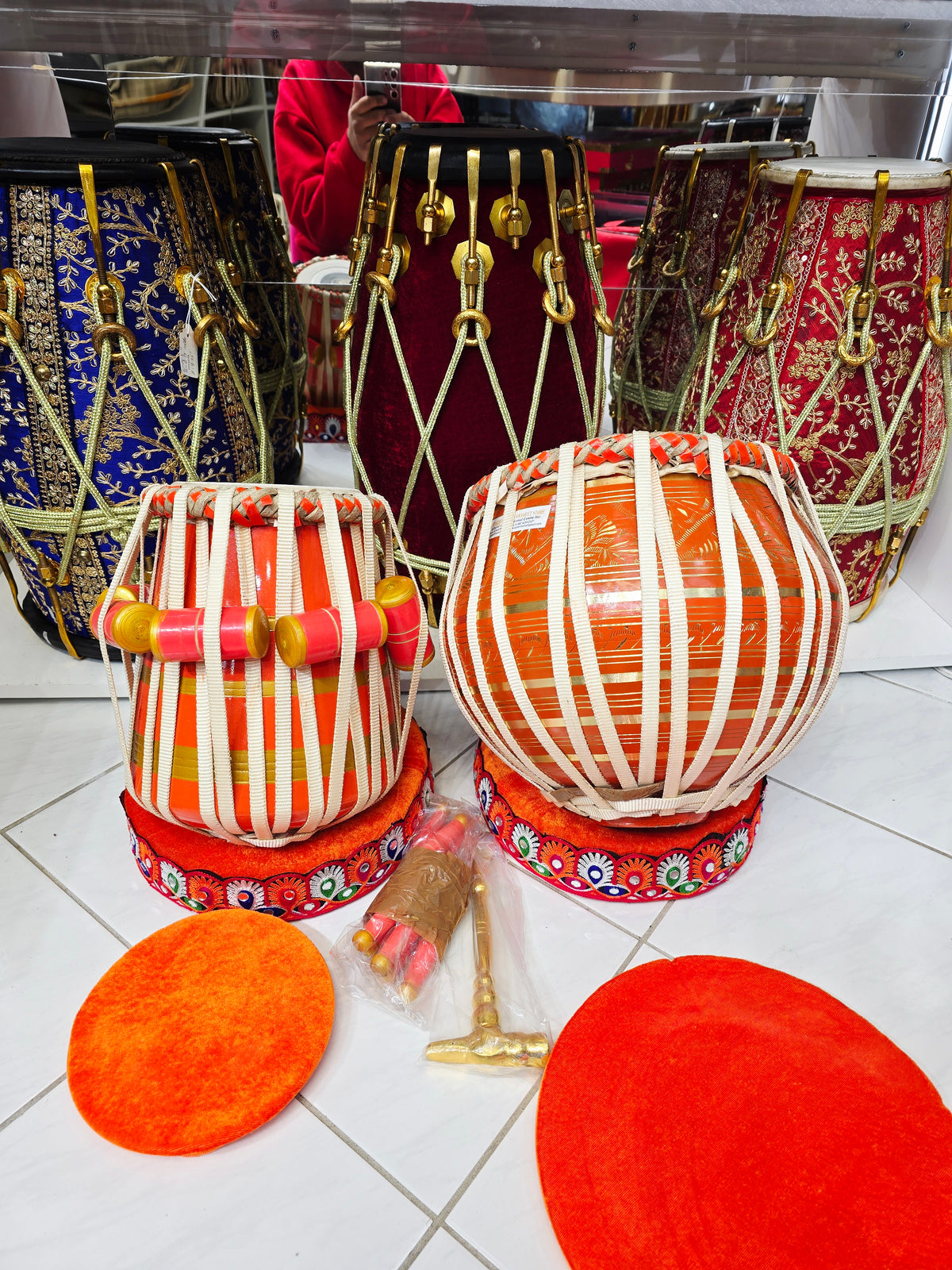 Custom Orange Serenade: 5.75" Orange Painted Red Sheesham C# Nylon Strapped Dayan + 9.25" 3.5kg Orange Painted Bronze Copper Bayan Professional Tabla Set Balance Link