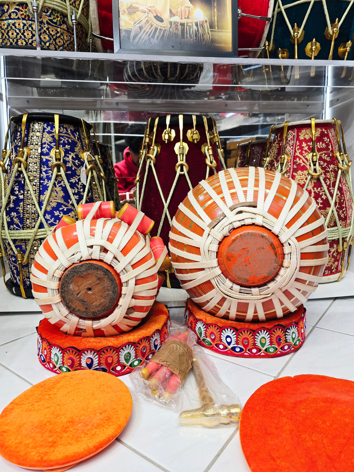 Custom Orange Serenade: 5.75" Orange Painted Red Sheesham C# Nylon Strapped Dayan + 9.25" 3.5kg Orange Painted Bronze Copper Bayan Professional Tabla Set Balance Link