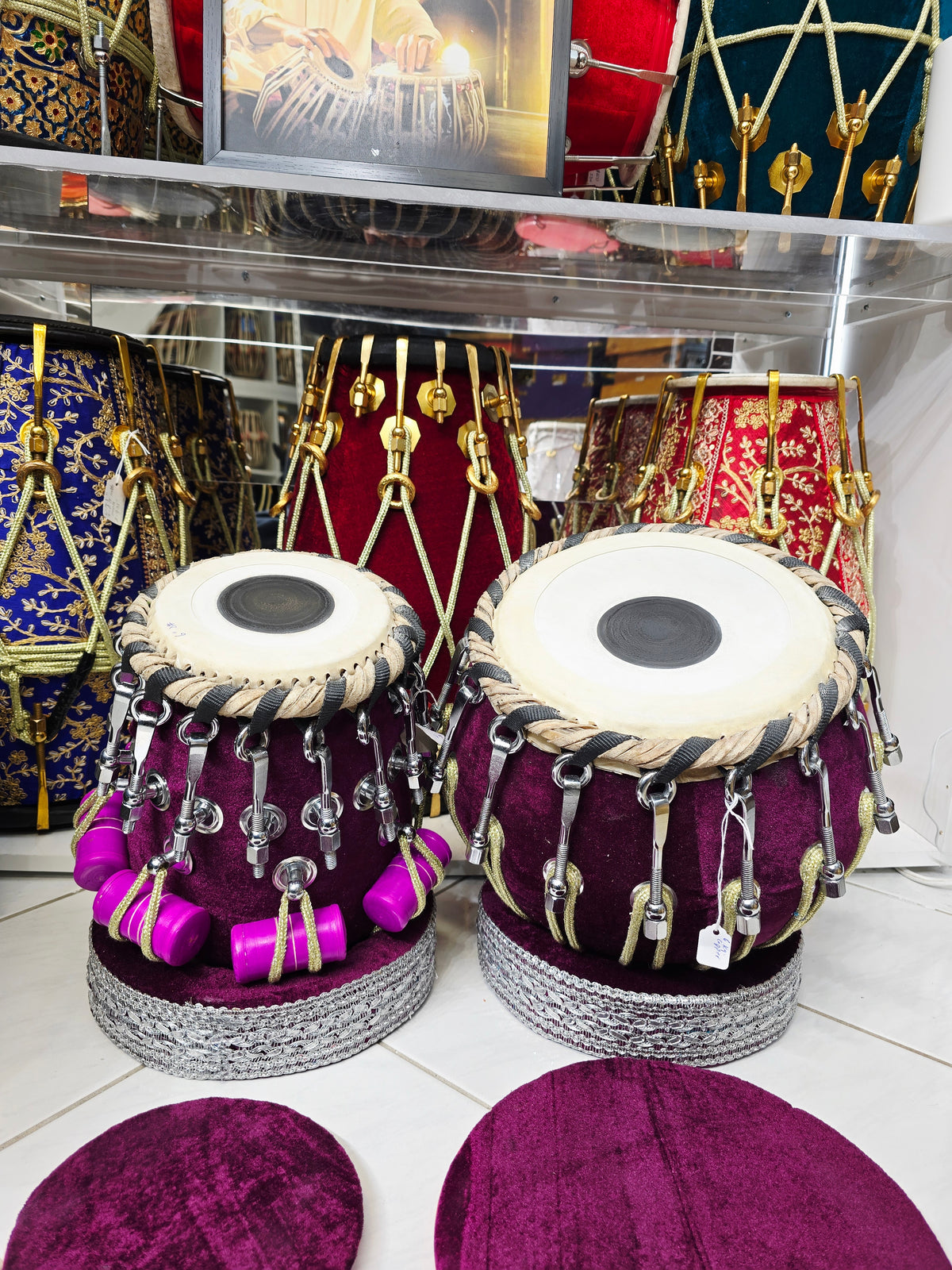 Neelam Viraaj™ Bolted Tabla Set — 6″ D / D♯ Red Sheesham Dayan + 9.25″ Heavy Copper Bayan (6 kg) | Dark Purple Velvet Finish *Exceptional Tone*