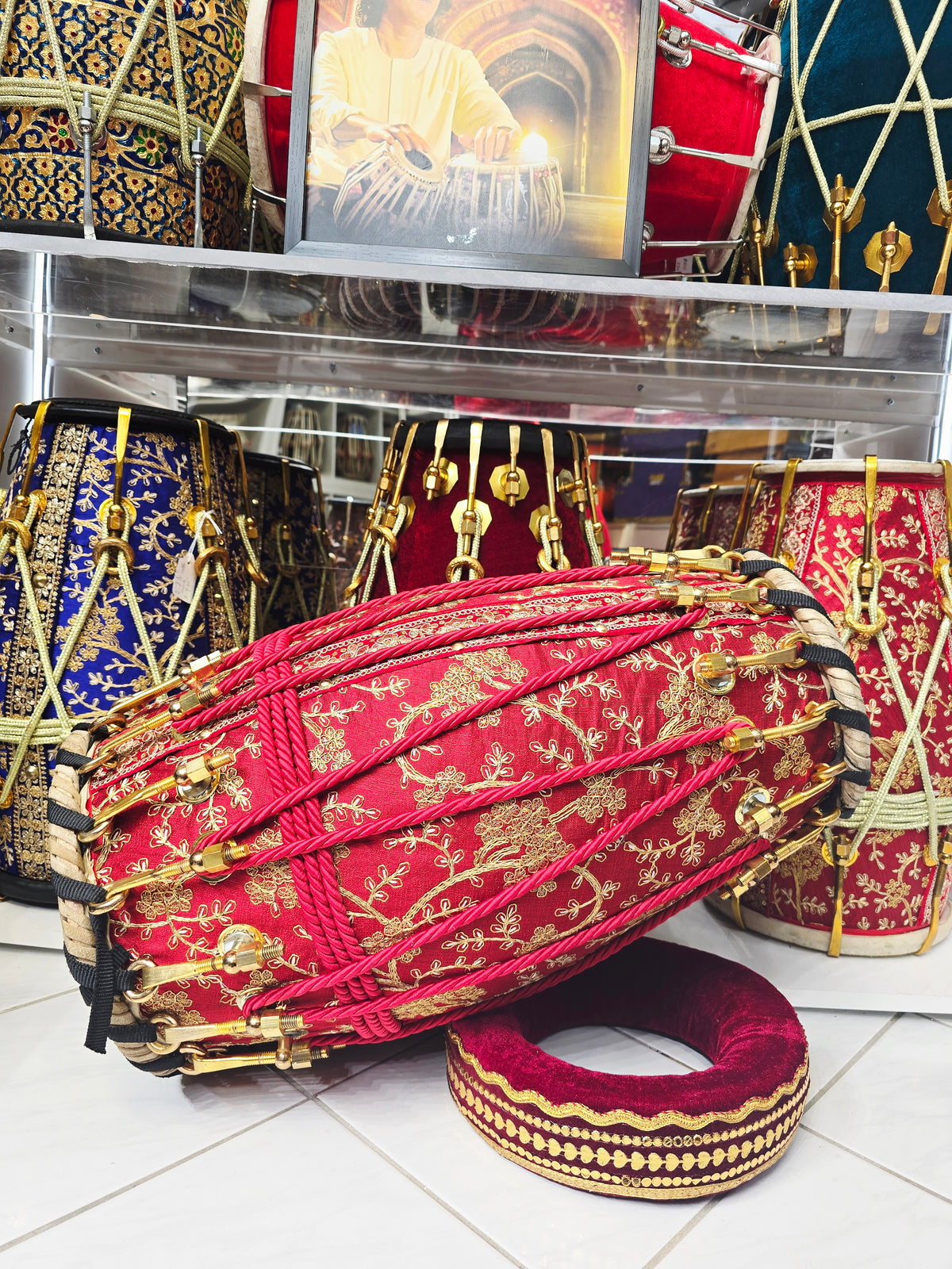 RajViraaj™ Sherwani-Wrapped Pakhaawaj — 23 lb Red Sheesham | Red & Gold Sherwani Wrapped with Red Aesthetic Ropes