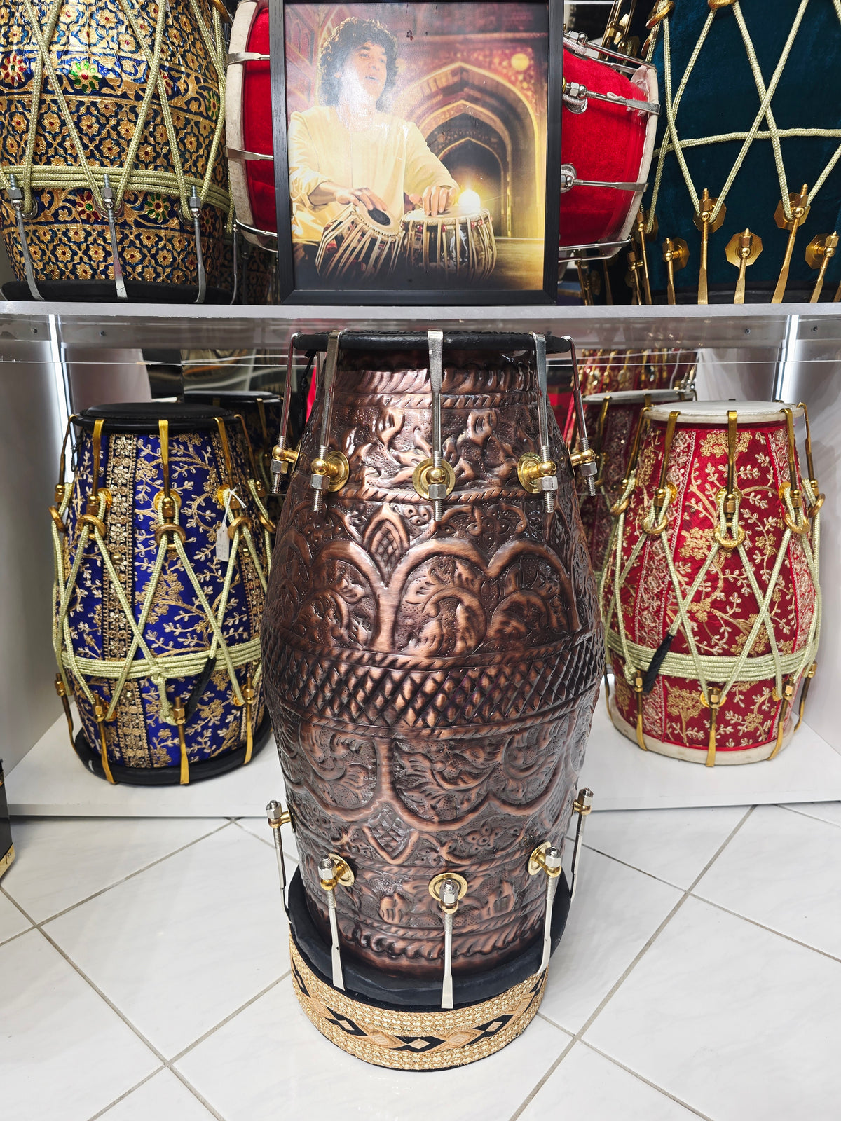 Kaalchakra™ Antique-Finish Copper Dholak — Black Skins | Hand-Embossed Body