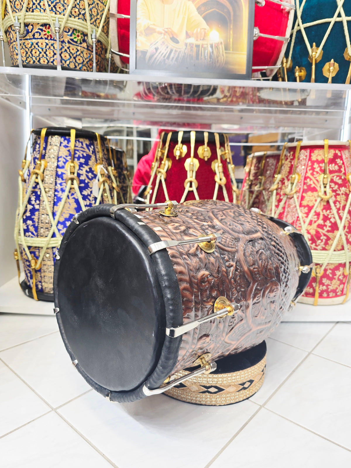 Kaalchakra™ Antique-Finish Copper Dholak — Black Skins | Hand-Embossed Body