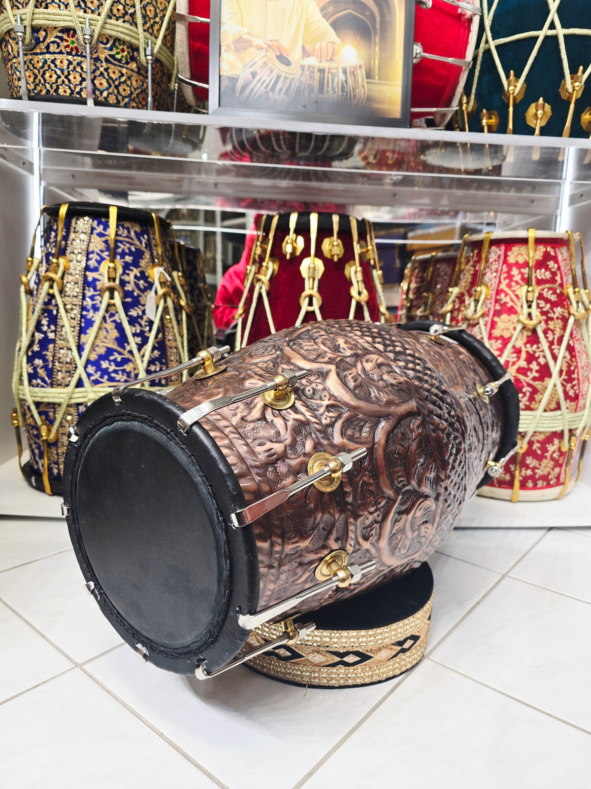 Kaalchakra™ Antique-Finish Copper Dholak — Black Skins | Hand-Embossed Body