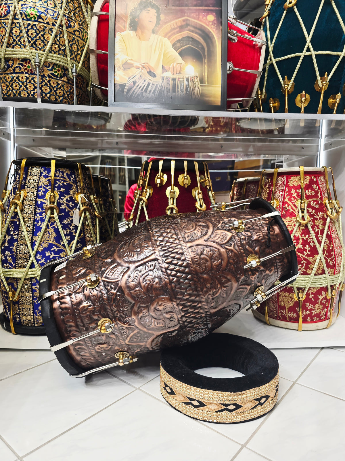 Kaalchakra™ Antique-Finish Copper Dholak — Black Skins | Hand-Embossed Body