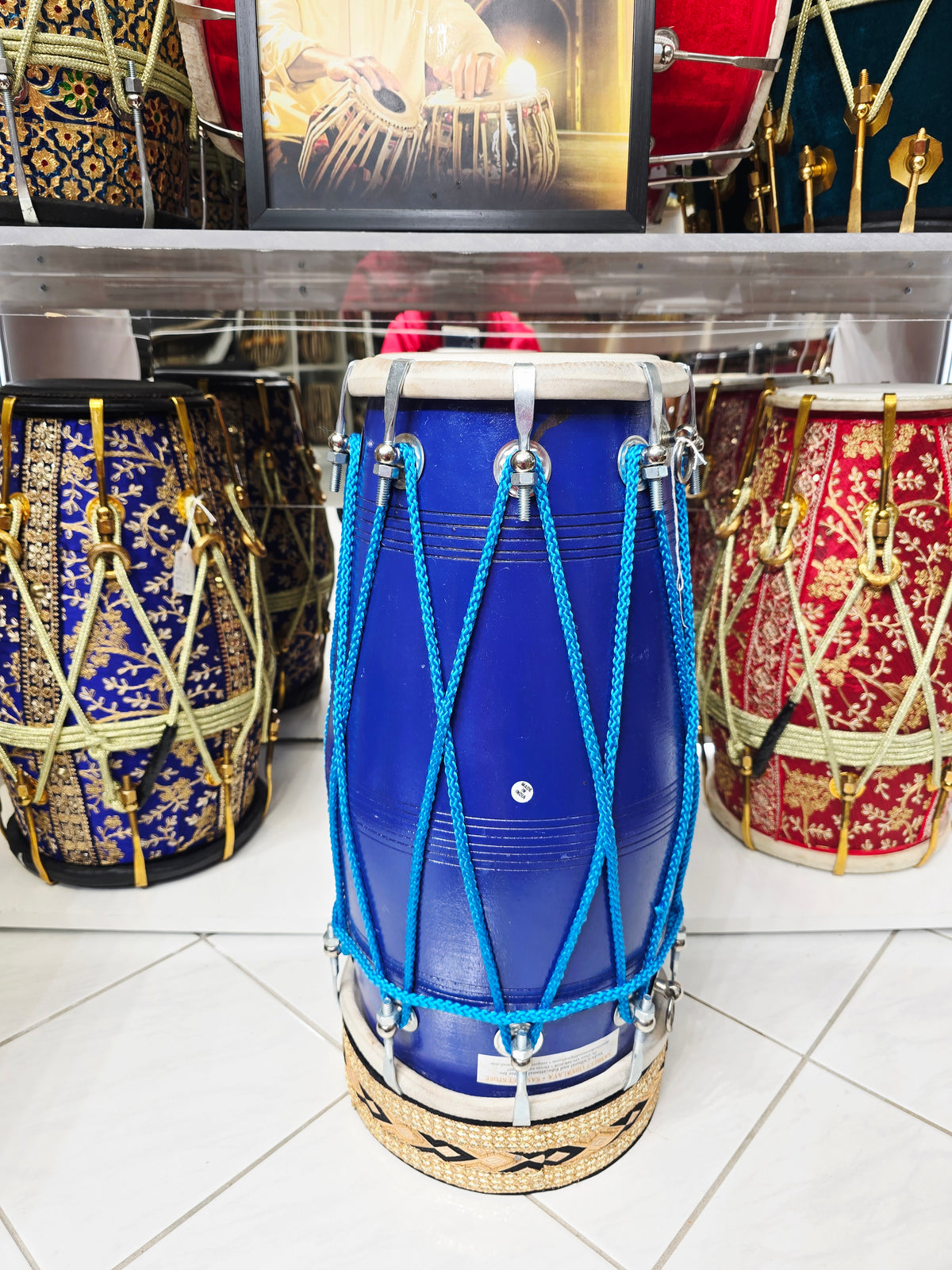 Taal Ranjani 10.4lbs Professional Blue Painted Dholak – Chrome Bolts, Blue Ropes for Aesthetics *Minor Cosmetic Blemishes