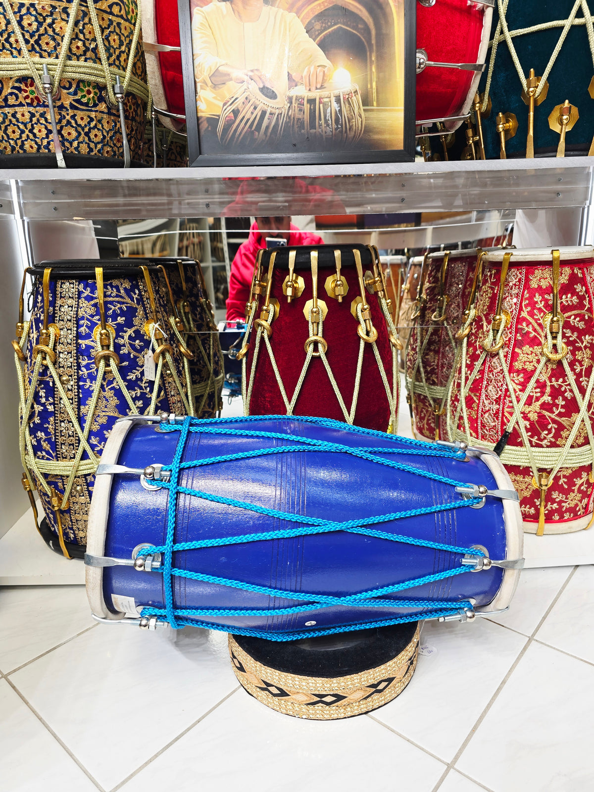 Taal Ranjani 10.4lbs Professional Blue Painted Dholak – Chrome Bolts, Blue Ropes for Aesthetics *Minor Cosmetic Blemishes