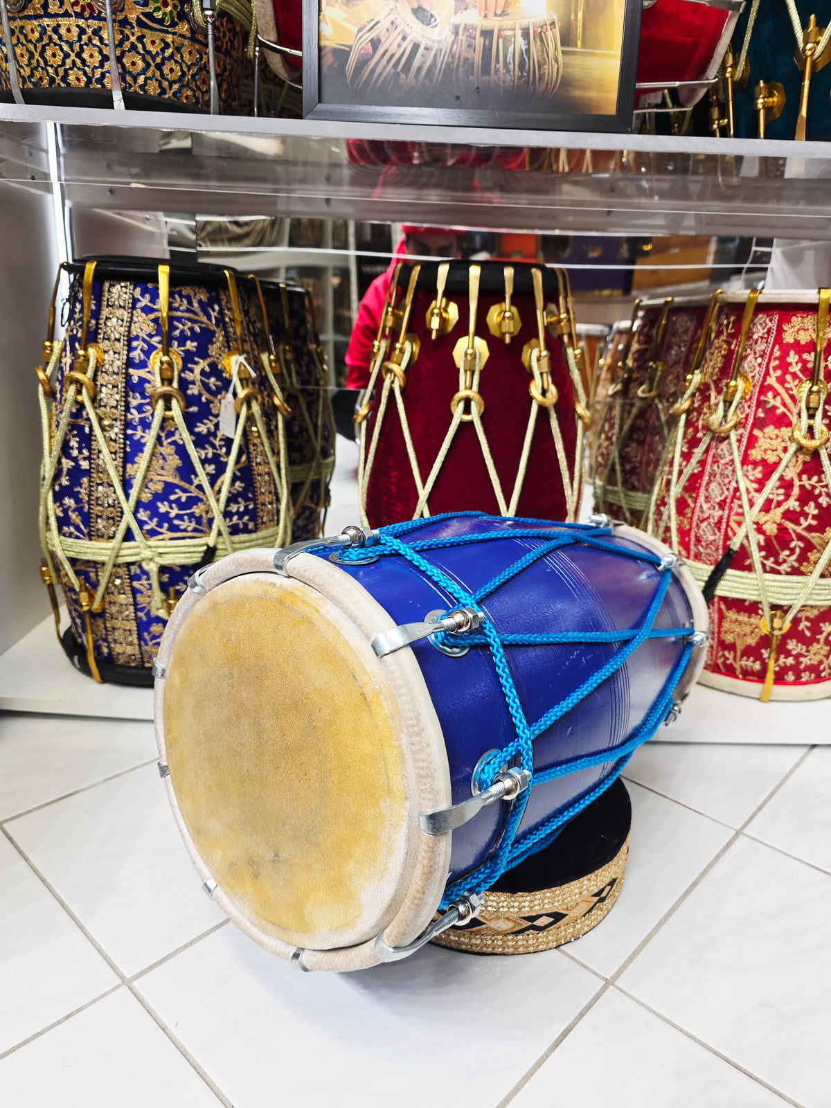 Taal Ranjani 10.4lbs Professional Blue Painted Dholak – Chrome Bolts, Blue Ropes for Aesthetics *Minor Cosmetic Blemishes