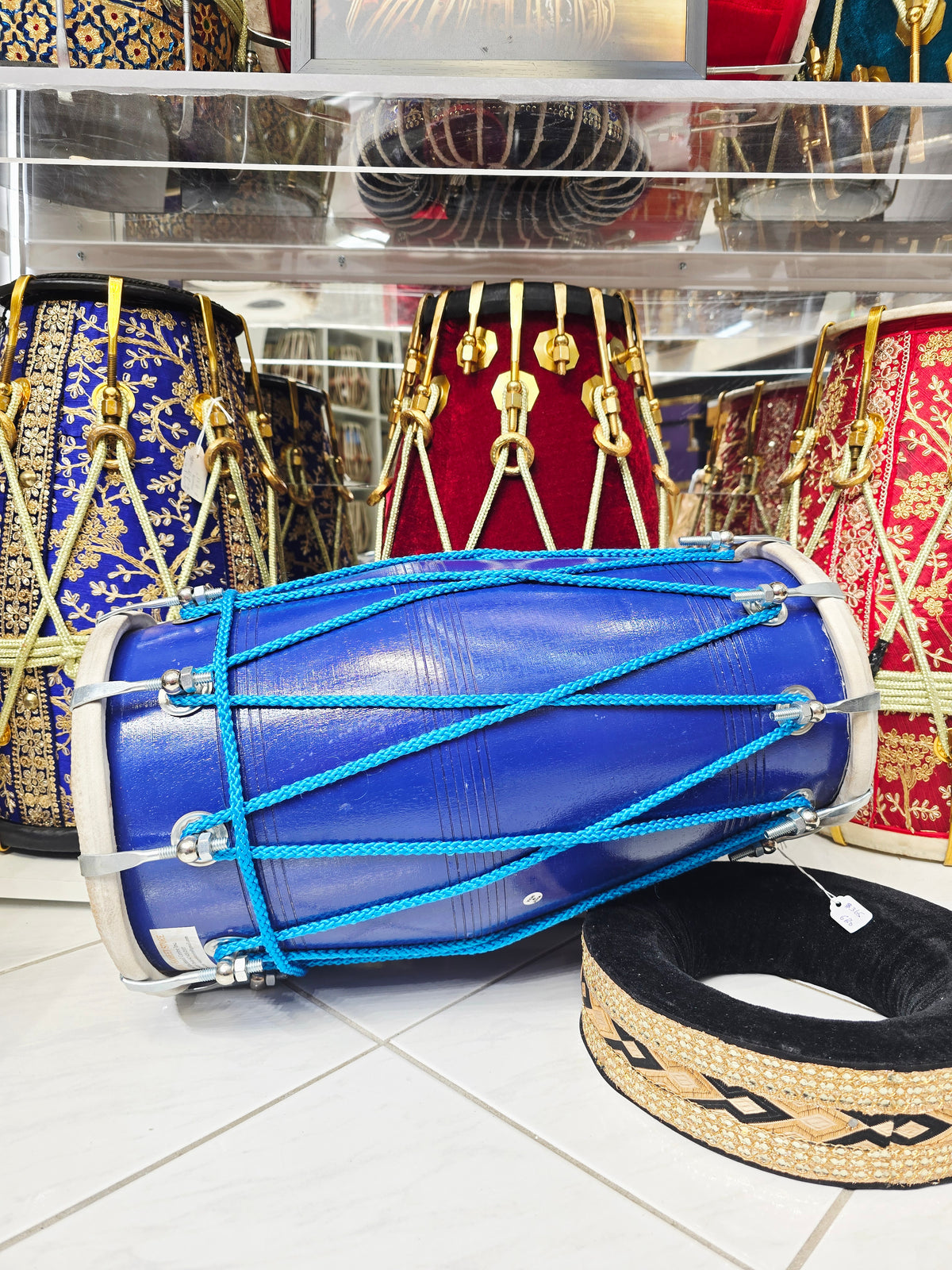 Taal Ranjani 10.4lbs Professional Blue Painted Dholak – Chrome Bolts, Blue Ropes for Aesthetics *Minor Cosmetic Blemishes