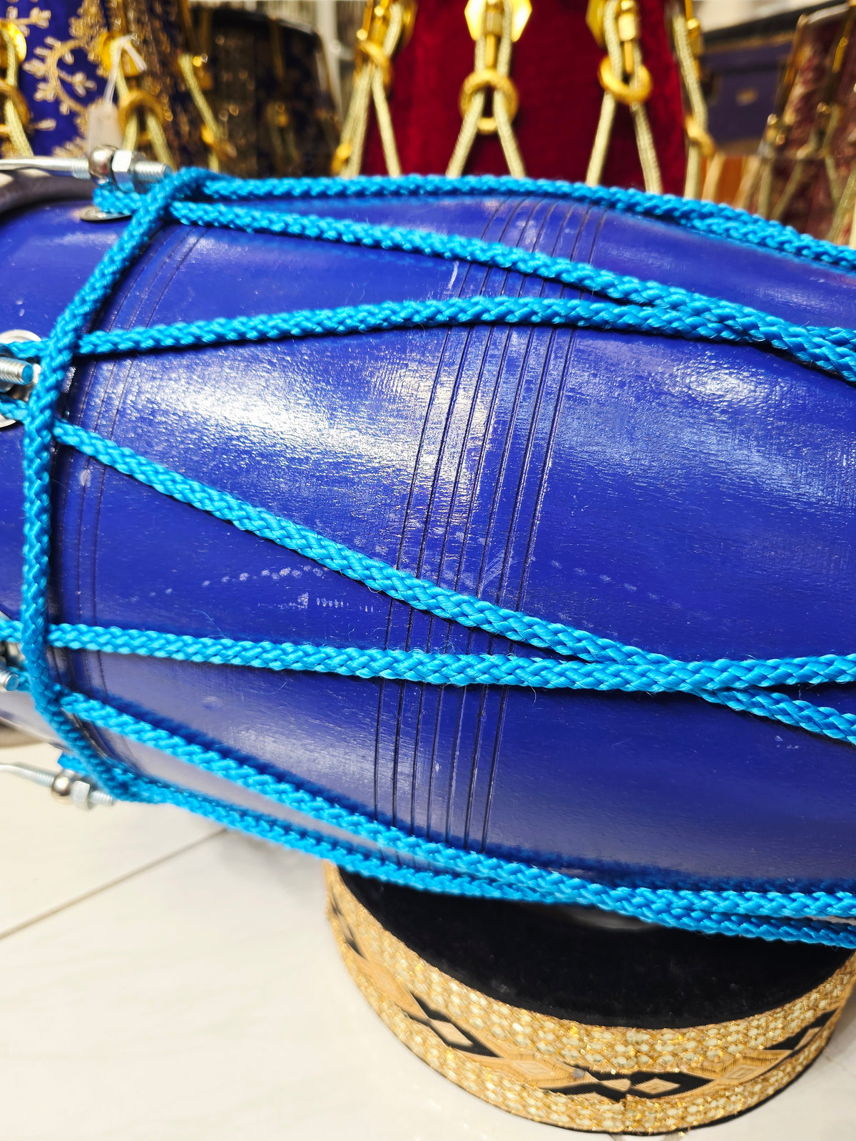 Taal Ranjani 10.4lbs Professional Blue Painted Dholak – Chrome Bolts, Blue Ropes for Aesthetics *Minor Cosmetic Blemishes