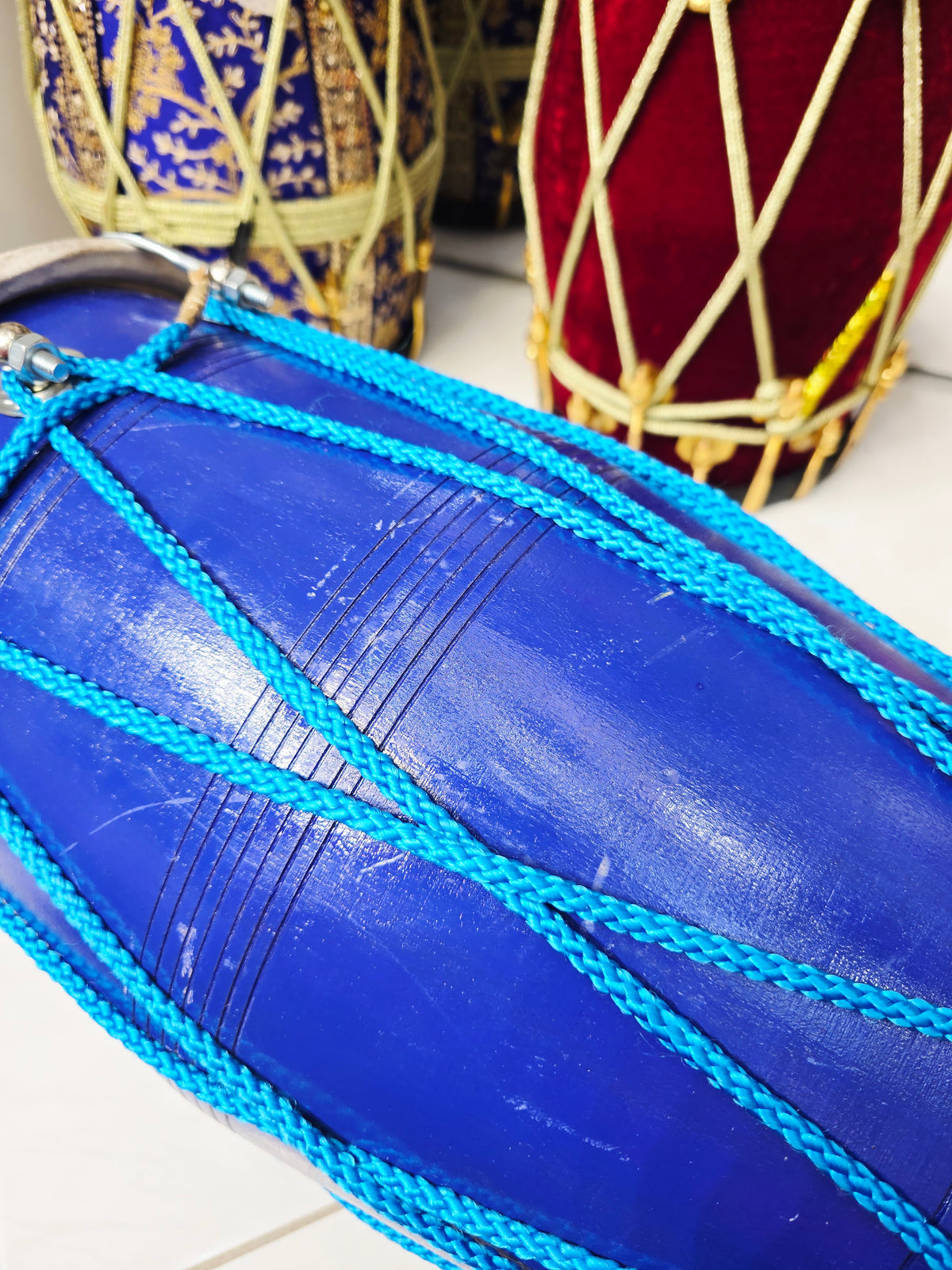 Taal Ranjani 10.4lbs Professional Blue Painted Dholak – Chrome Bolts, Blue Ropes for Aesthetics *Minor Cosmetic Blemishes