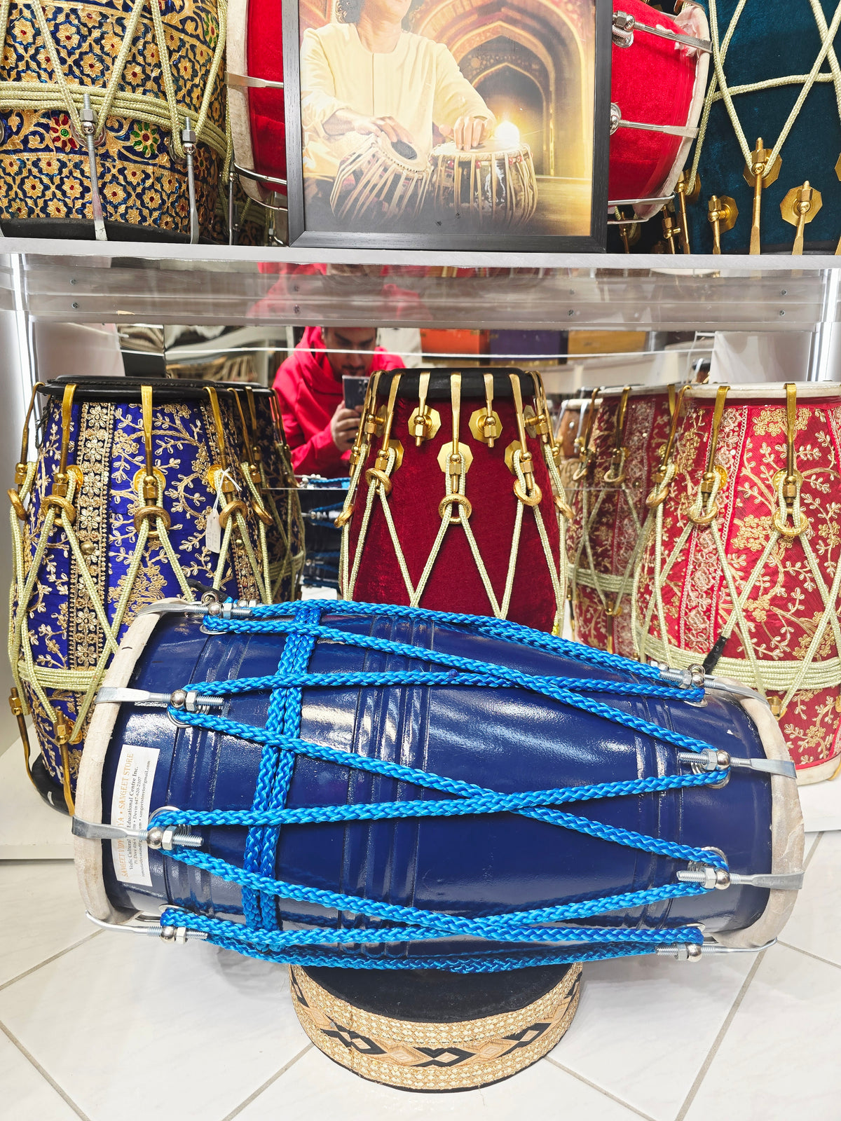 Samudra Viraaj™ Pro Dholak — Blue-Lacquered Red Sheesham | Exceptional Tone, Cosmetic Blemishes